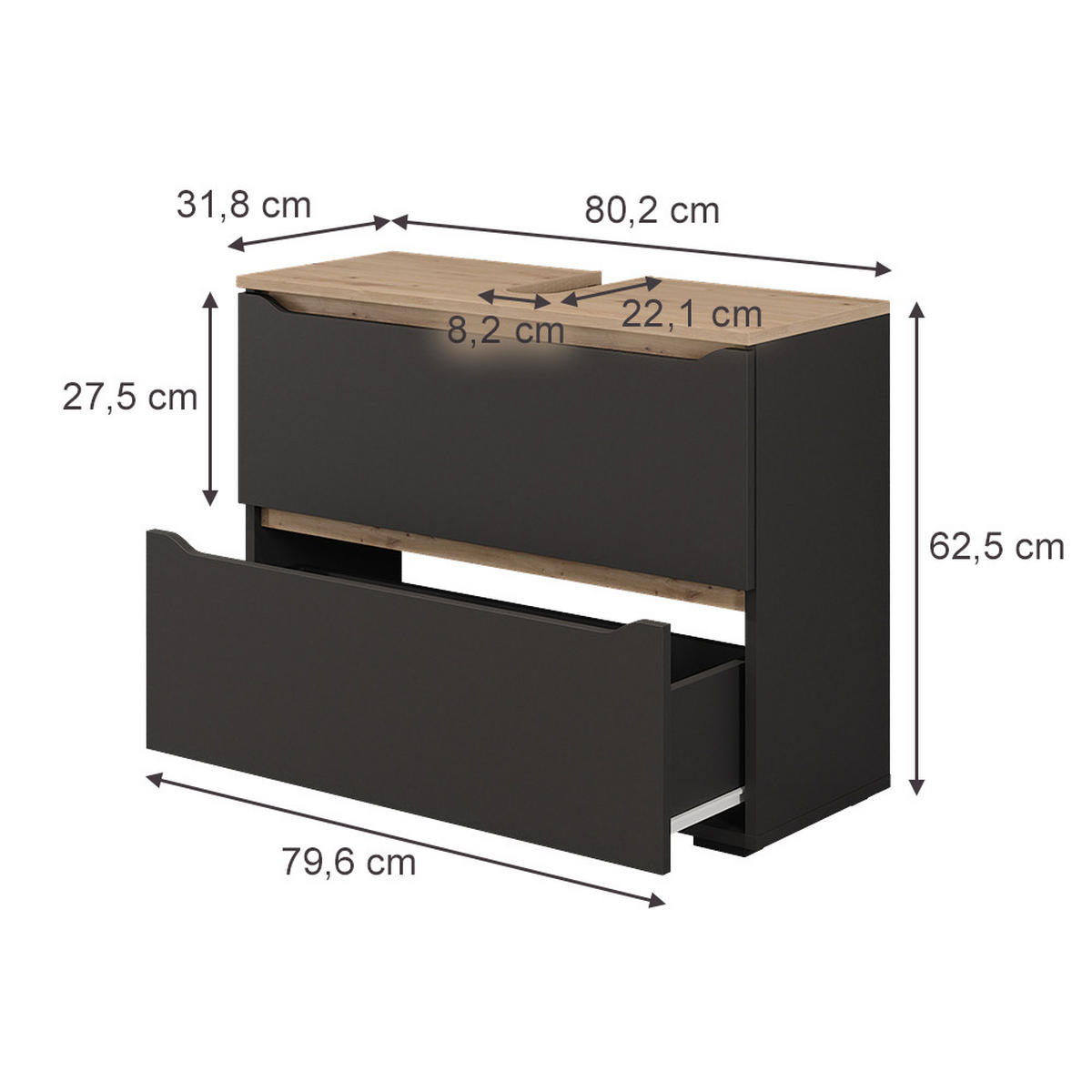 SPODNJA OMARICA ZA UMIVALNIK Ruben, Antracit/Obrtniški hrast, 80.2 x 62.5 cm z 2 predaloma - antracit/hrast artisan, leseni material (80.2/62.5/31.8cm) - Vicco