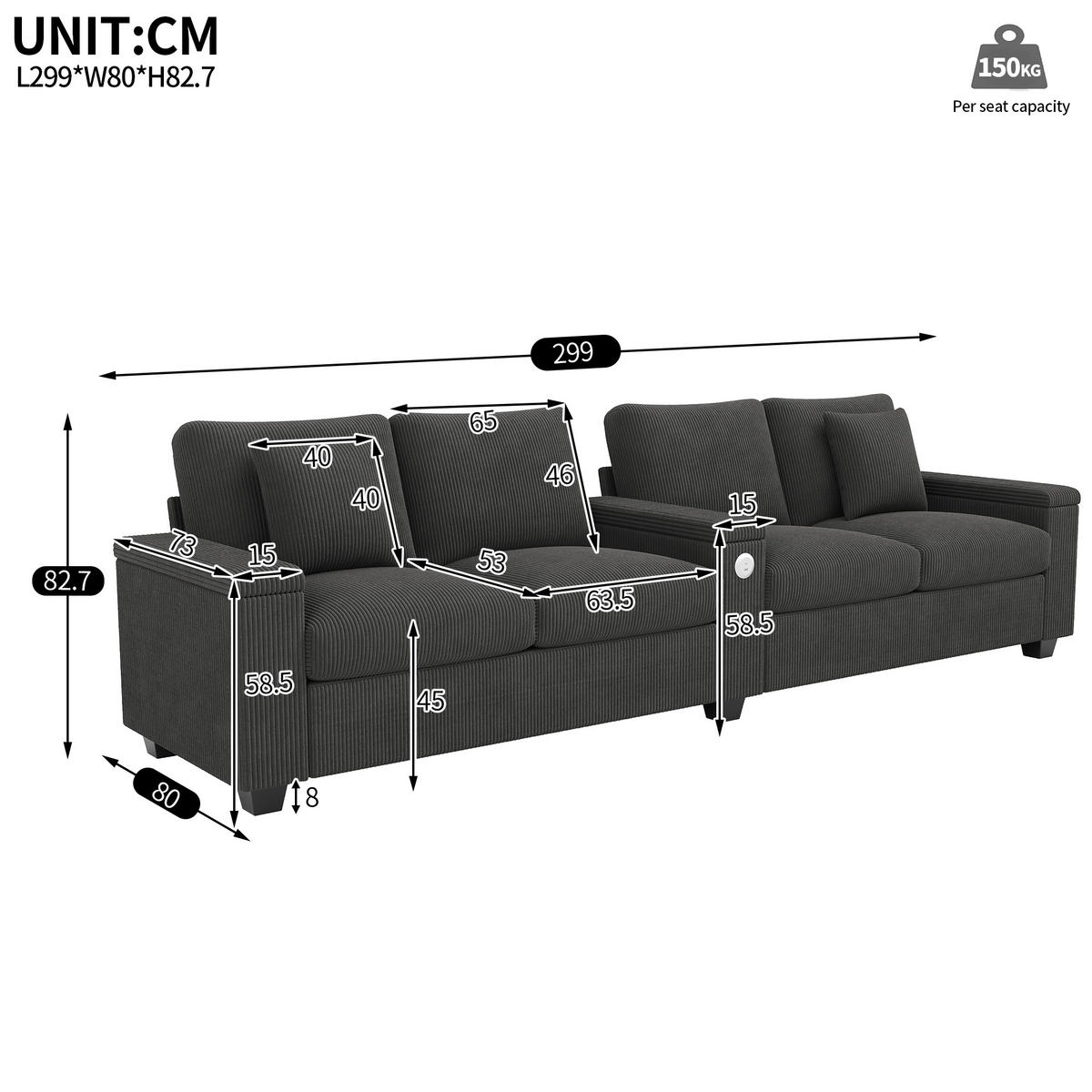 SOFA 4-Sitzer Cord Grau mit USB, USB-C und Stauraum - Grau, Holzwerkstoff/Kunststoff (299/82.7/80cm) - WISHDOR