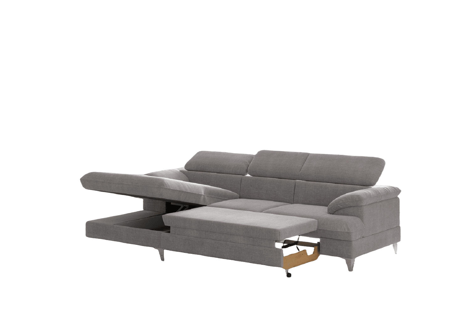 ECKSOFA mit Schlaffunktion und Bettkasten, verstellbare Kopfstützen - Chromfarben/Grau, Textil/Metall (254/167cm) - Cotta