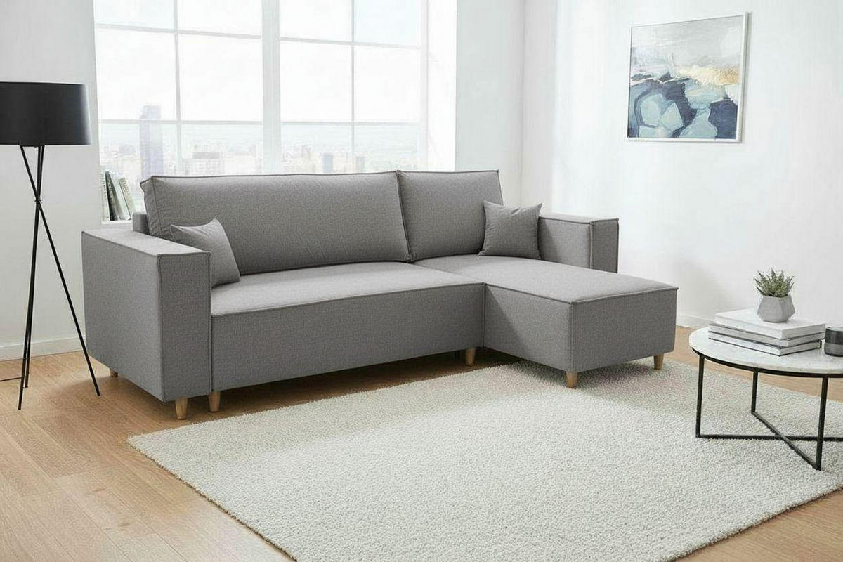 ECKSOFA RIO mit Schlaffunktion und Bettkasten, Farbe: Grau, Velourstoff, Ottomane Universal - Grau, Textil (249/142cm) - Marpur