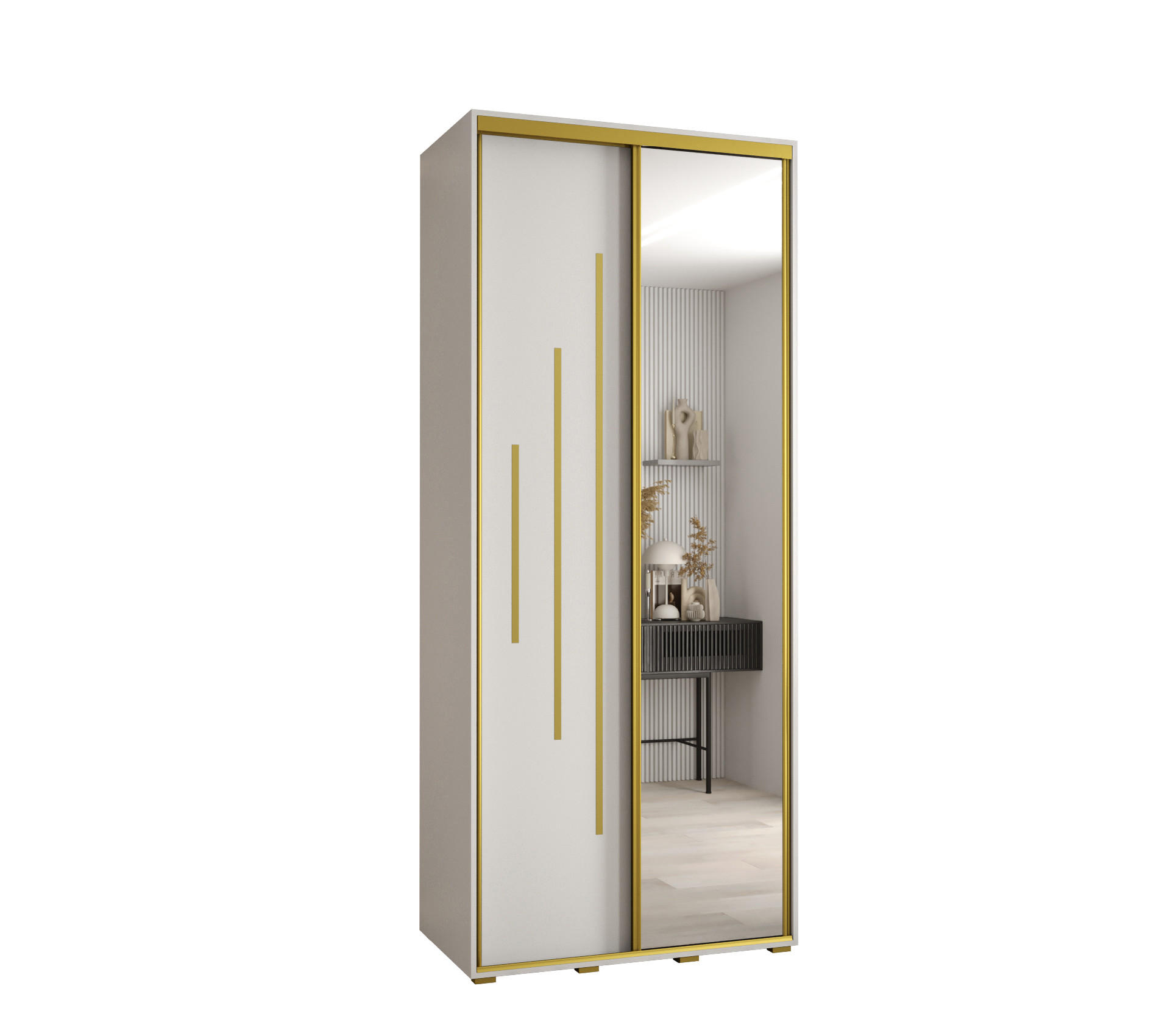 Abiks Möbel Schwebetürenschrank Weiß, Weiß, Gold 100x235x60 cm