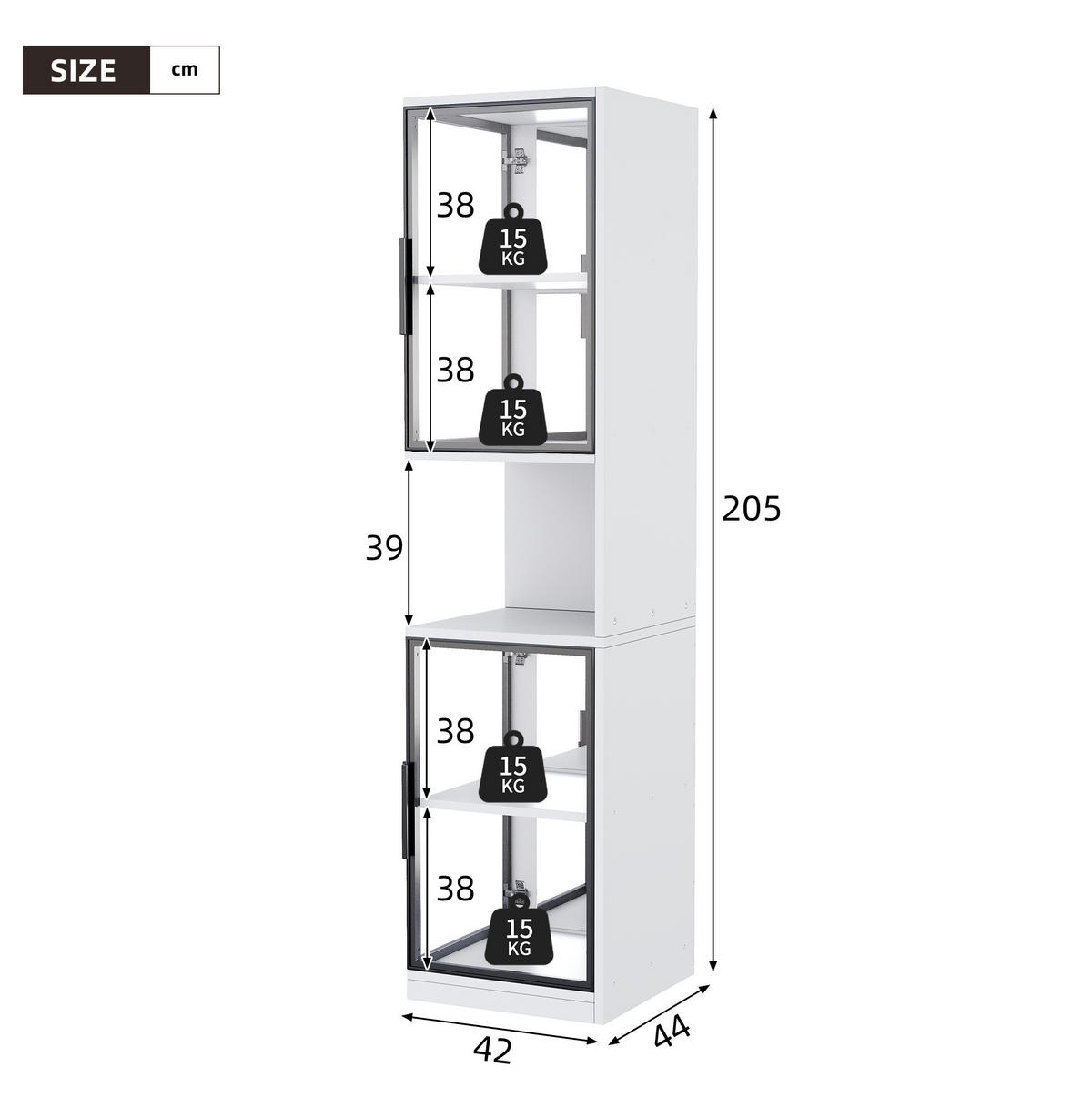 HIGHBOARD 42/44/205 cm in Weiß mit LED-Beleuchtung und Glastüren - Weiß, Holzwerkstoff (42/205/44cm) - Flora Grace