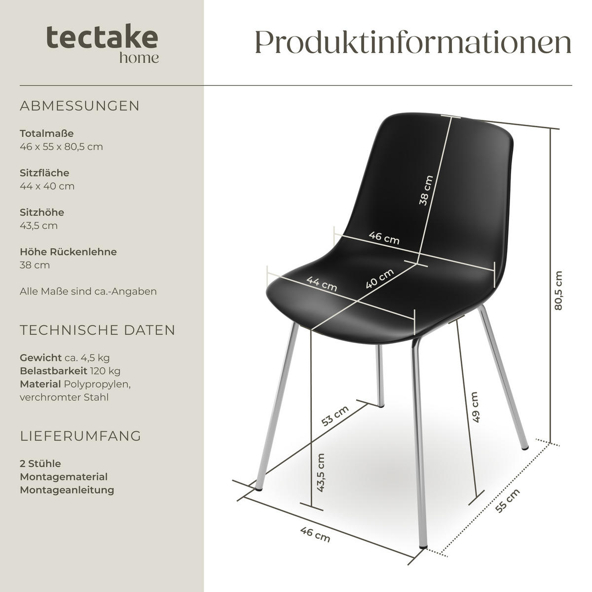 KUNSTSTOFFSTUHL 2er Set Mave 46 x 55 x 80 5 cm schwarz/chrom - Schwarz, Textil (46/80.5/55cm) - tectake