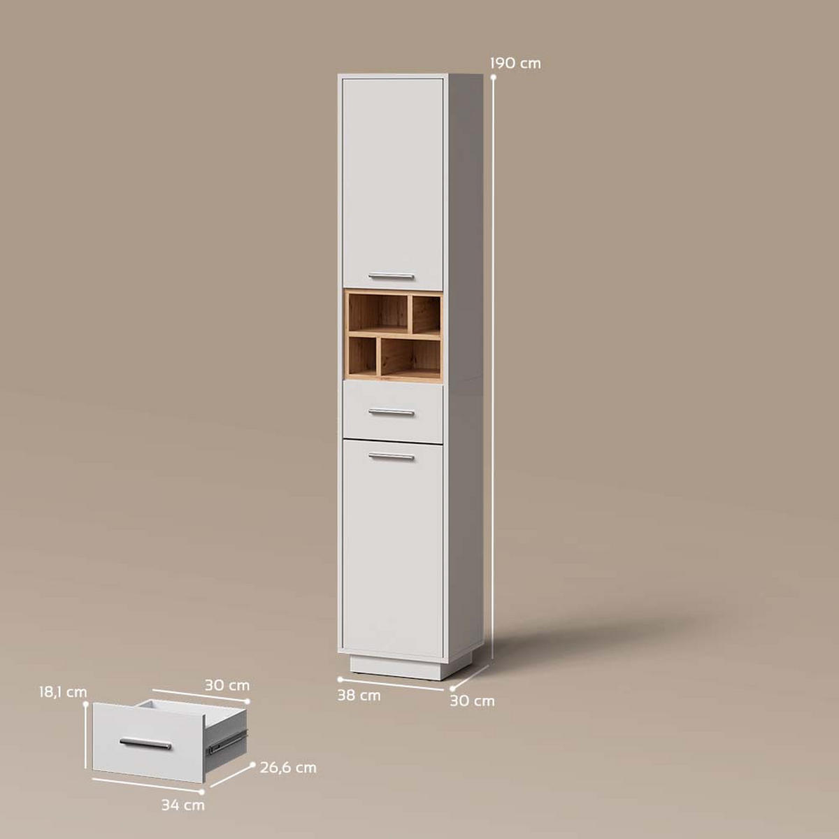BADSCHRANK Temo Weiß 38 x 190 cm - Weiß, Holzwerkstoff (38/190/30cm) - Livinity®