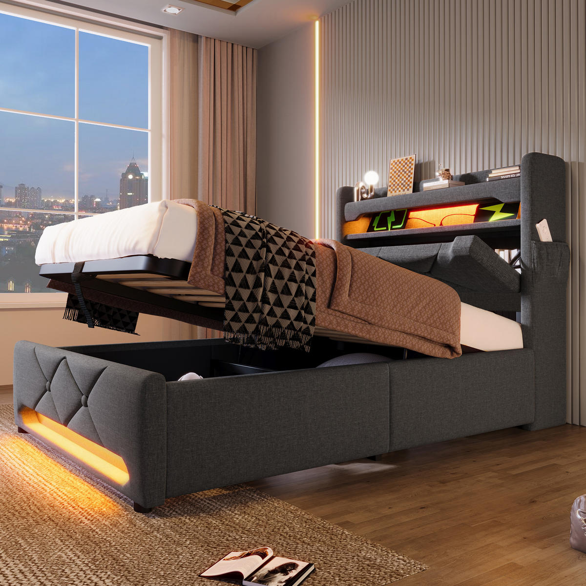 POLSTERBETT 90/200 cm Grau mit Stauraum und USB-Anschluss - Grau, Textil (90/200cm) - OKWISH