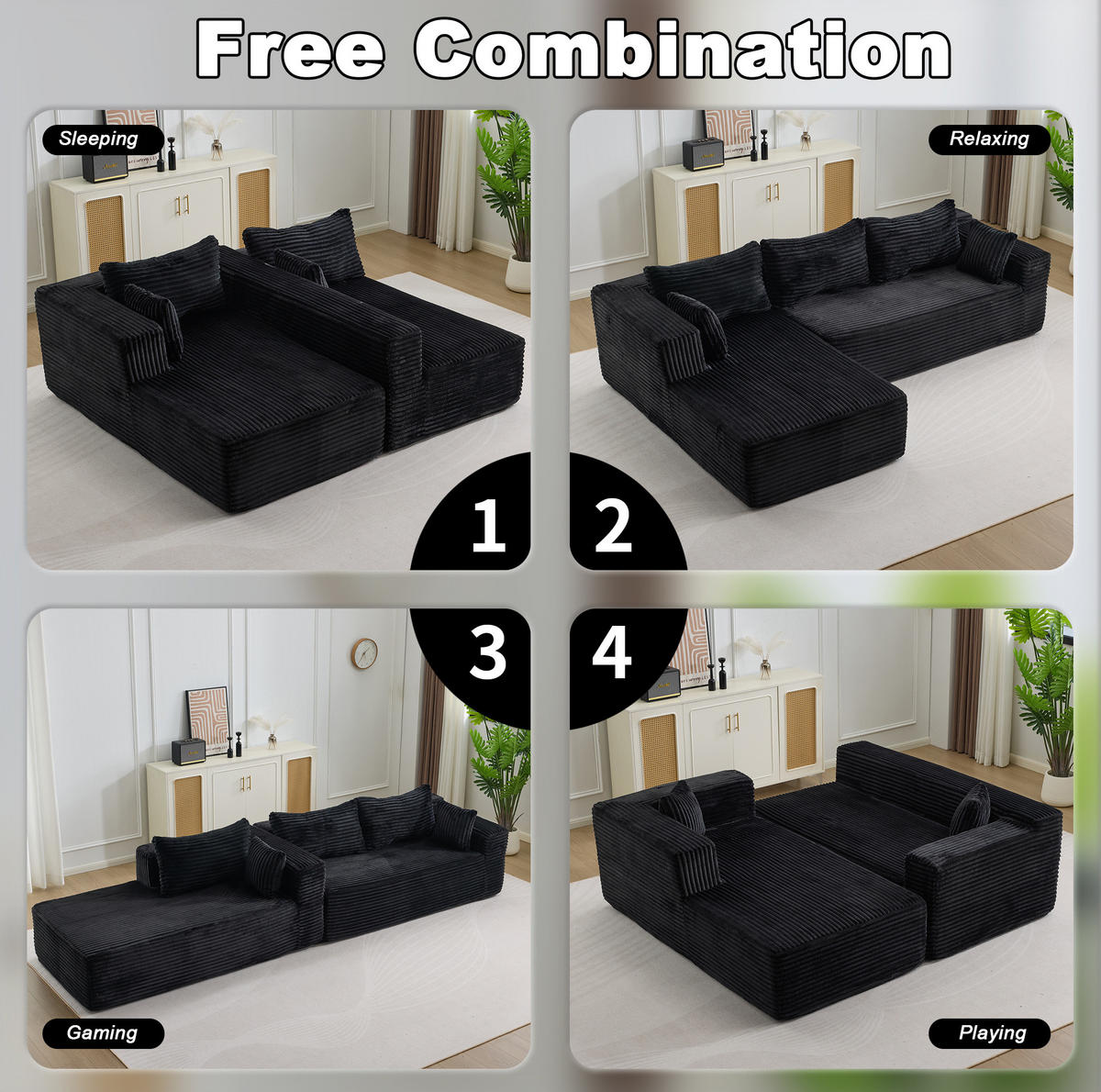 SOFA mit Chaise 2-teilig Schwarz Cord - Schwarz, Kunststoff (179/279cm) - Meubliv