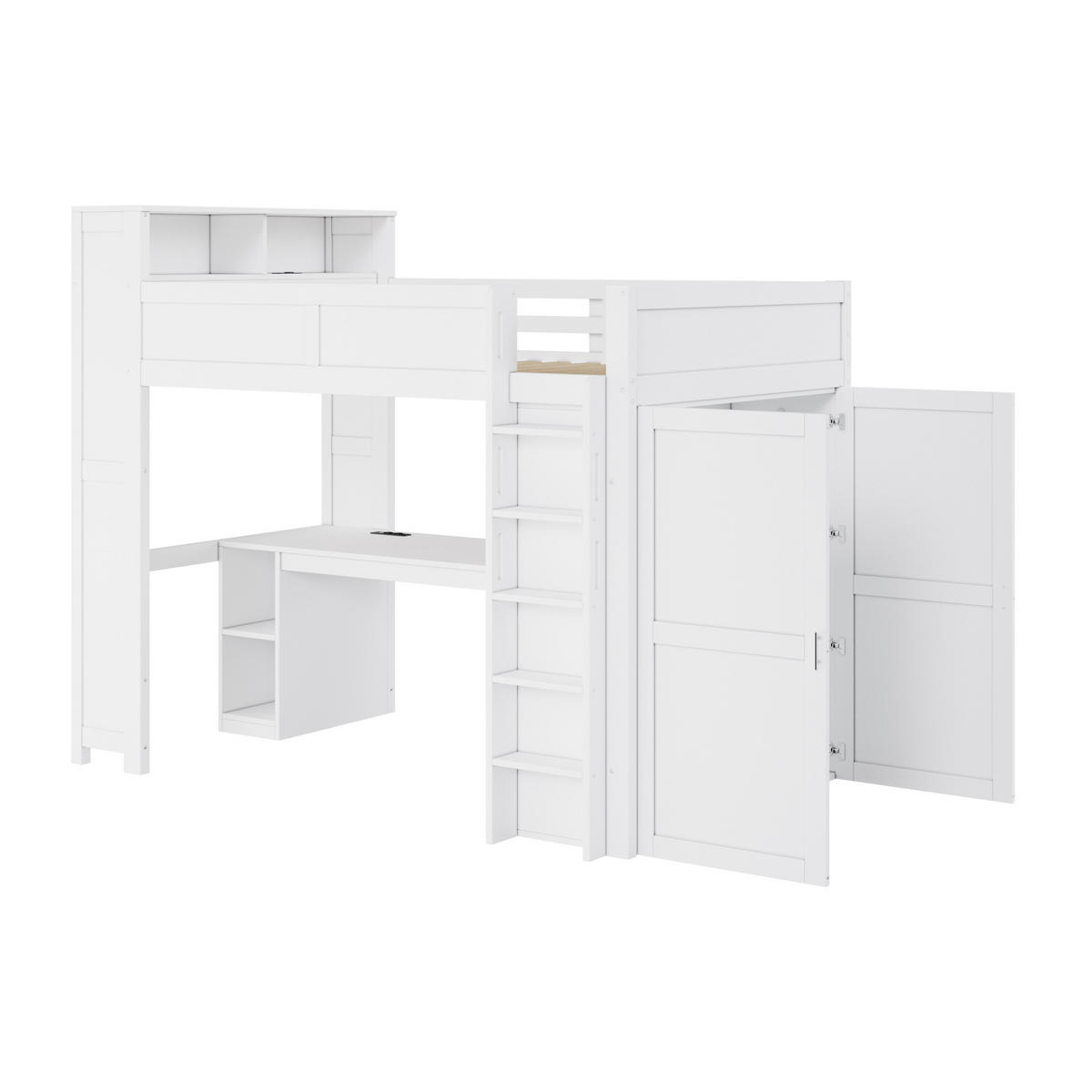 HOCHBETT 90 x 200 cm mit Schreibtisch, Staufächern, Kleiderschrank, USB-Anschluss und LED-Beleuchtung, weiß - Weiß, Holz (90/200cm) - KOMHTOM