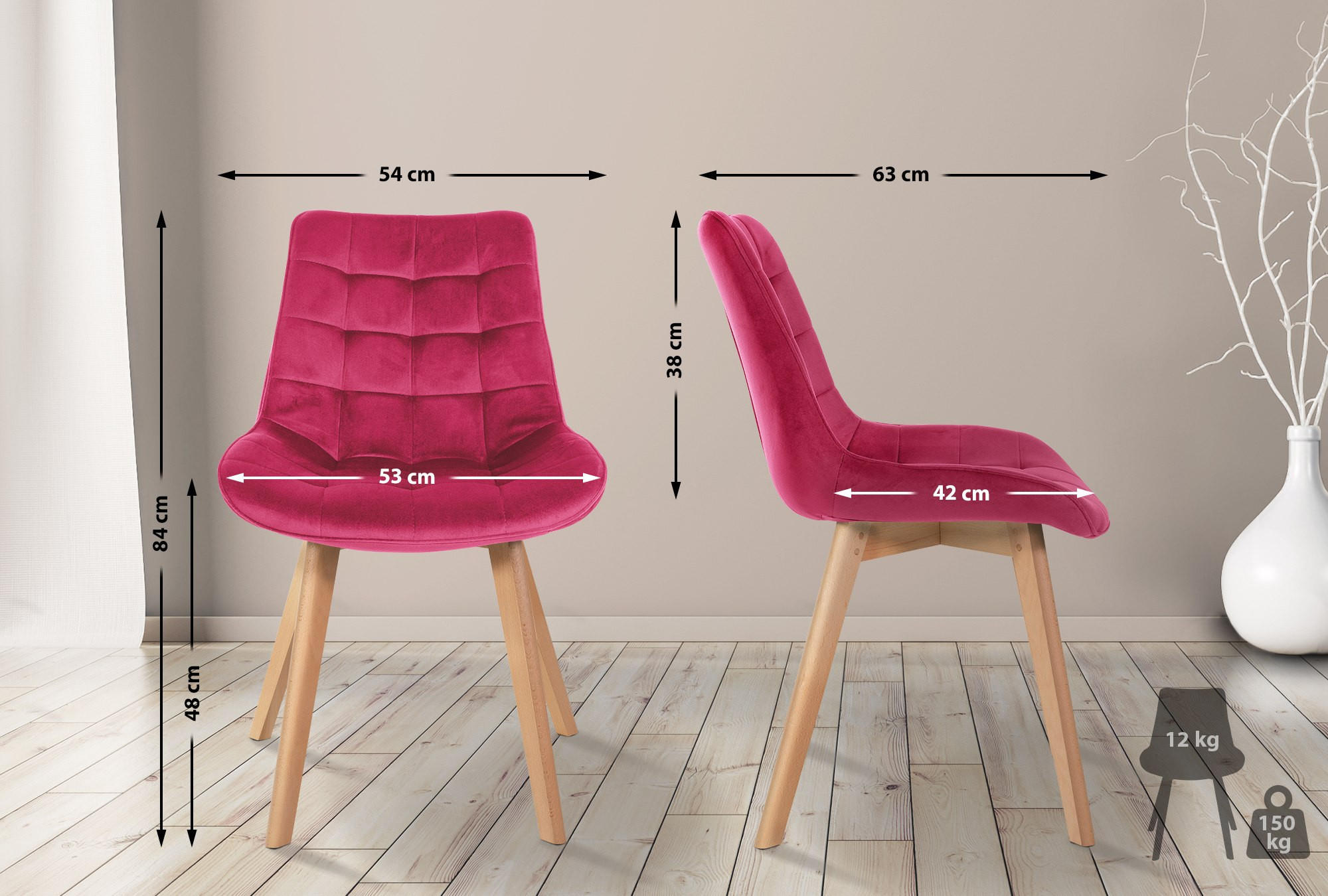 STUHL Samt rot - Eukalyptusholzfarben/Rot, Holz/Textil (54/84/63cm) - CLP