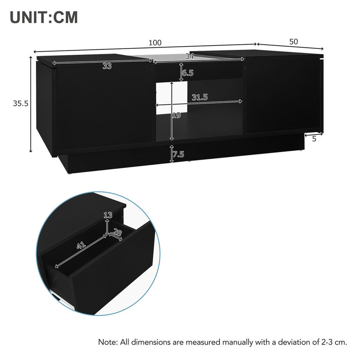 COUCHTISCH 100x50cm Schwarz LED App Glas 2 Schubladen 1 Fach Modern - Schwarz, Holz (106/60.5/17cm) - FLIEKS