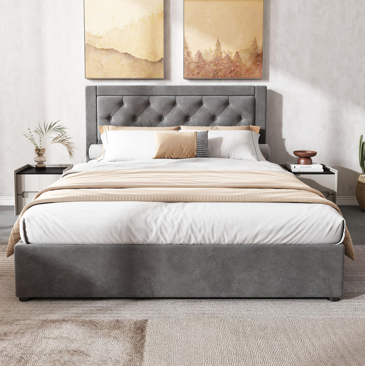 SAMT-POLSTERBETT 140/200 cm mit Bettkasten und gepolstertem Kopfteil in Grau - Grau, Metall (140/200cm) - BEAOK