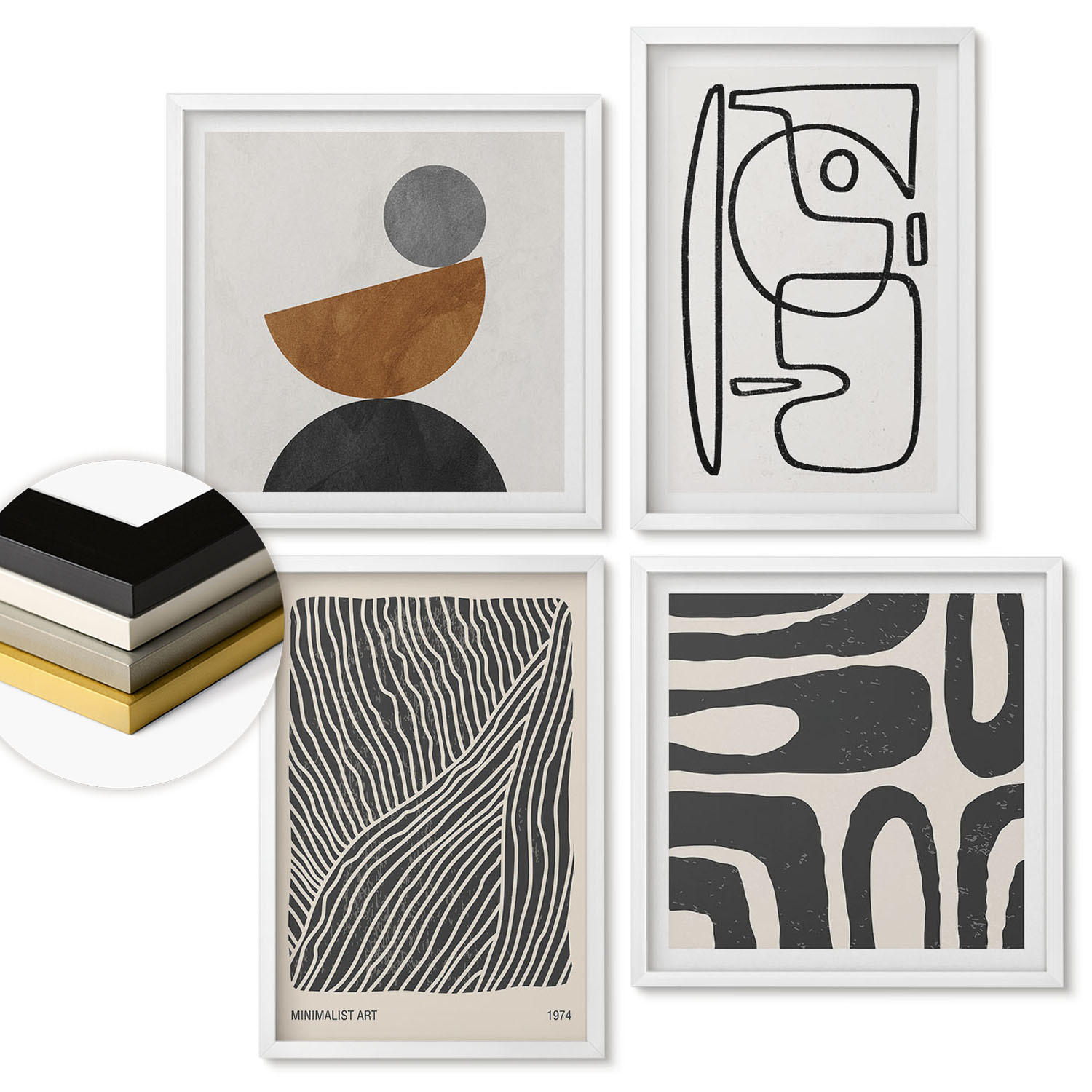 WANDBILDER 4er-Set - 50x50 cm & 40x60 cm Weißer Rahmen - Abstrakte Muster mit Linien - Weiß, Kunststoff (50/50cm) - ArtPrintCave