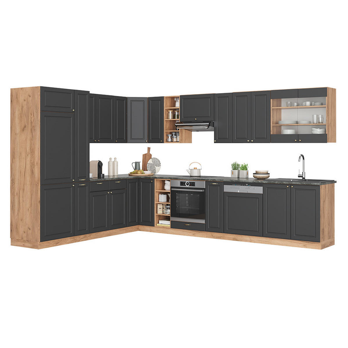 ECKKÜCHE Fame-Line Anthrazit Landhaus/Goldkraft Eiche 347 x 257 cm AP Anthrazit - Dunkelgrau/Eiche Wotan, Holzwerkstoff (347/81.6/60cm) - Vicco