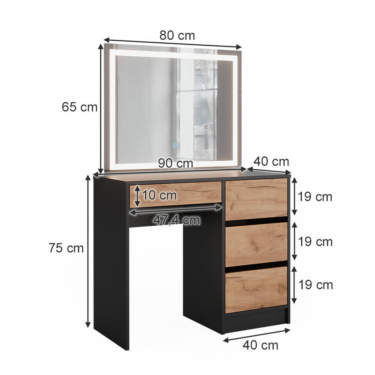 SCHMINKTISCH Sherry Anthrazit/Goldkraft Eiche 90 x 75 cm mit LED-Spiegel - Honigeiche/Anthrazit, Holzwerkstoff (90/75/40cm) - Vicco