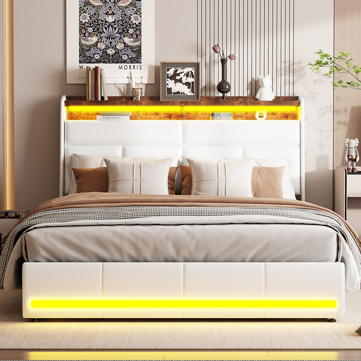 POLSTERBETT 160x200 cm, Weiß, Doppelbett mit LED-Beleuchtung - Weiß, Textil/Metall (160/200cm)