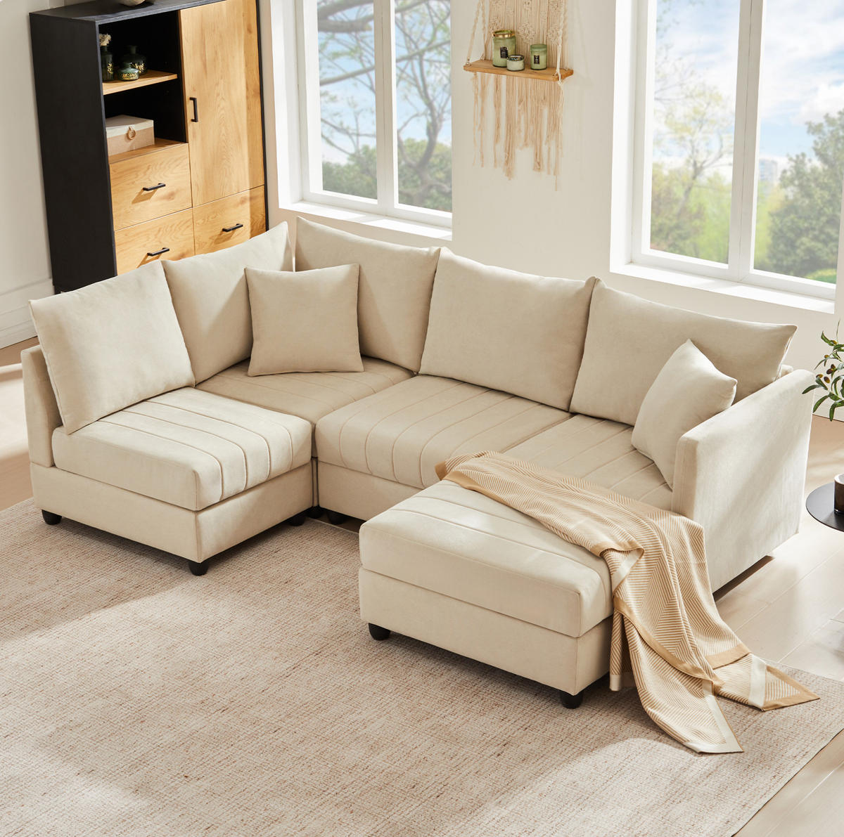 WOHNLANDSCHAFT aus Baumwolle und Leinen 220x194x85 cm in Beige mit flexiblem Hocker - Beige, Textil (194/85/220cm) - Modfu