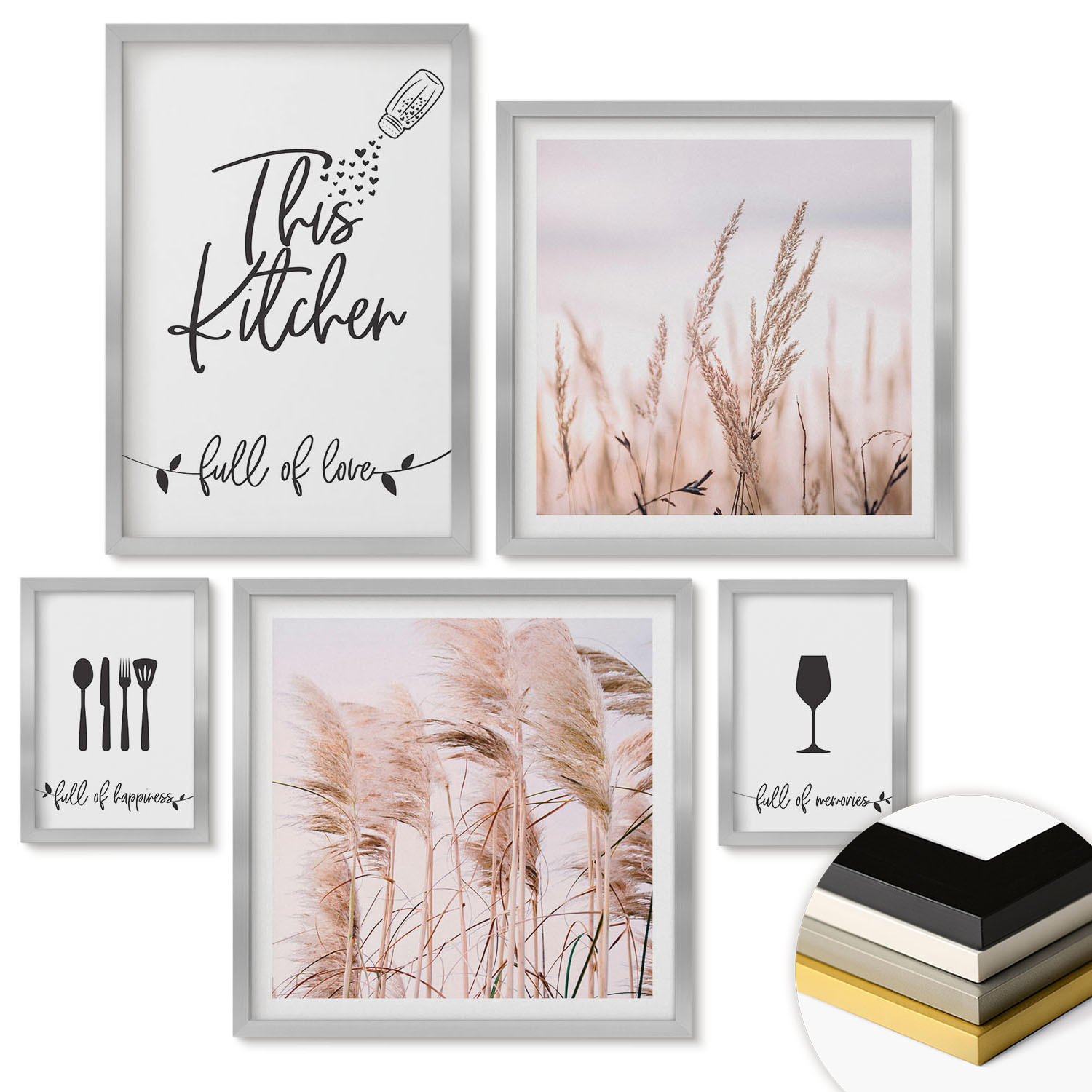 WANDBILDER 5er Set - 50x50 cm & 20x30 cm & 40x60 cm Silberner Rahmen - Abstrakte Blattmalerei - Silberfarben, Kunststoff (40/60cm) - ArtPrintCave