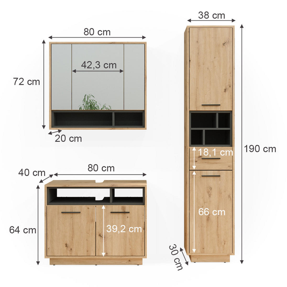 BADMÖBEL-SET Beatrice Artisan-Eiche 3 Teile, mit Hochschrank - Anthrazit/Eiche Artisan, Holzwerkstoff (80/64/40cm) - Vicco