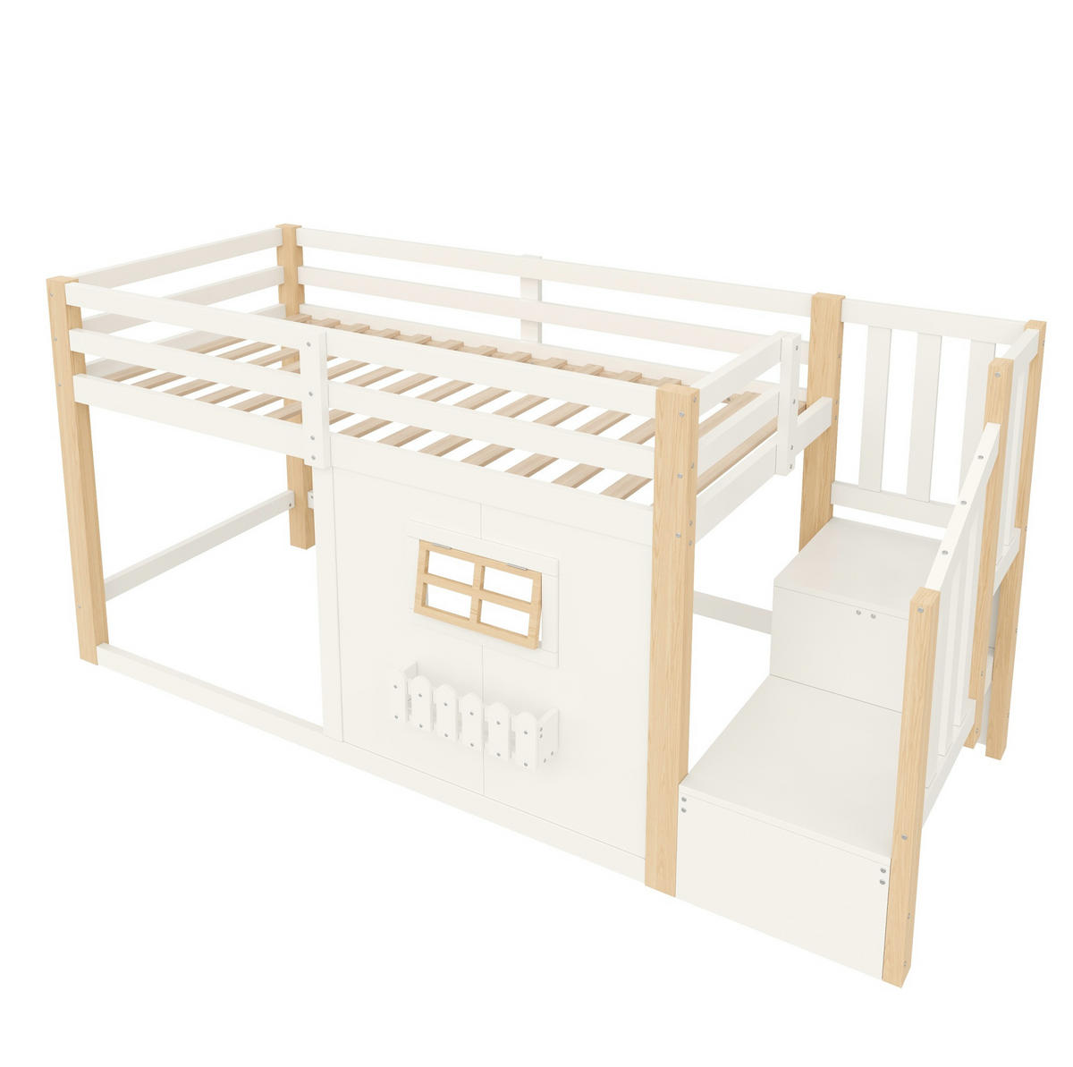 HOCHBETT aus Kiefernholz und MDF 90x200 cm Weiß mit Stauraumtreppe, Fenster und LED-Beleuchtung - Weiß, Holzwerkstoff (90/200cm) - Modfu