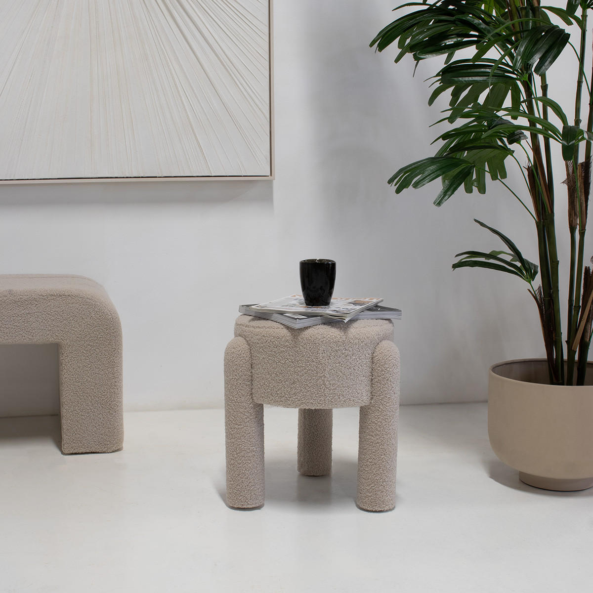 POUF aus Stoff 44x44x42cm, bouclé - Taupe, Holz (44/42/44cm) - Giga Meubel