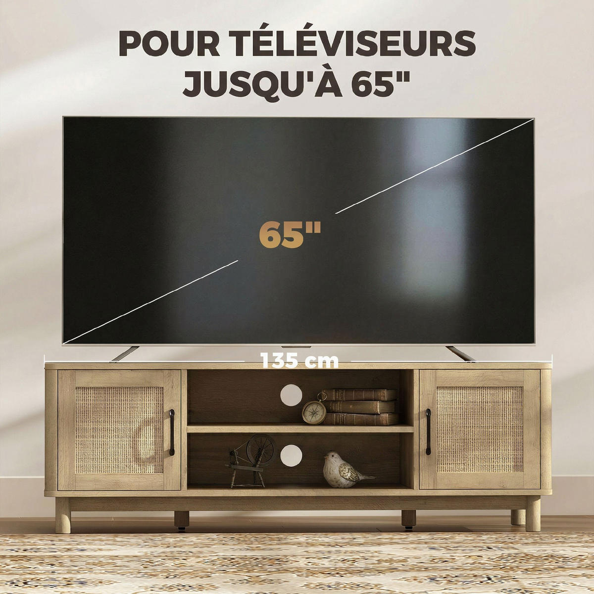 TV-LOWBOARD Eichefarben/Natur 135/39/45 cm, 2 Türen mit Rattangeflecht - Eichefarben, Naturmaterialien (135/45/39cm) - PANGIVO