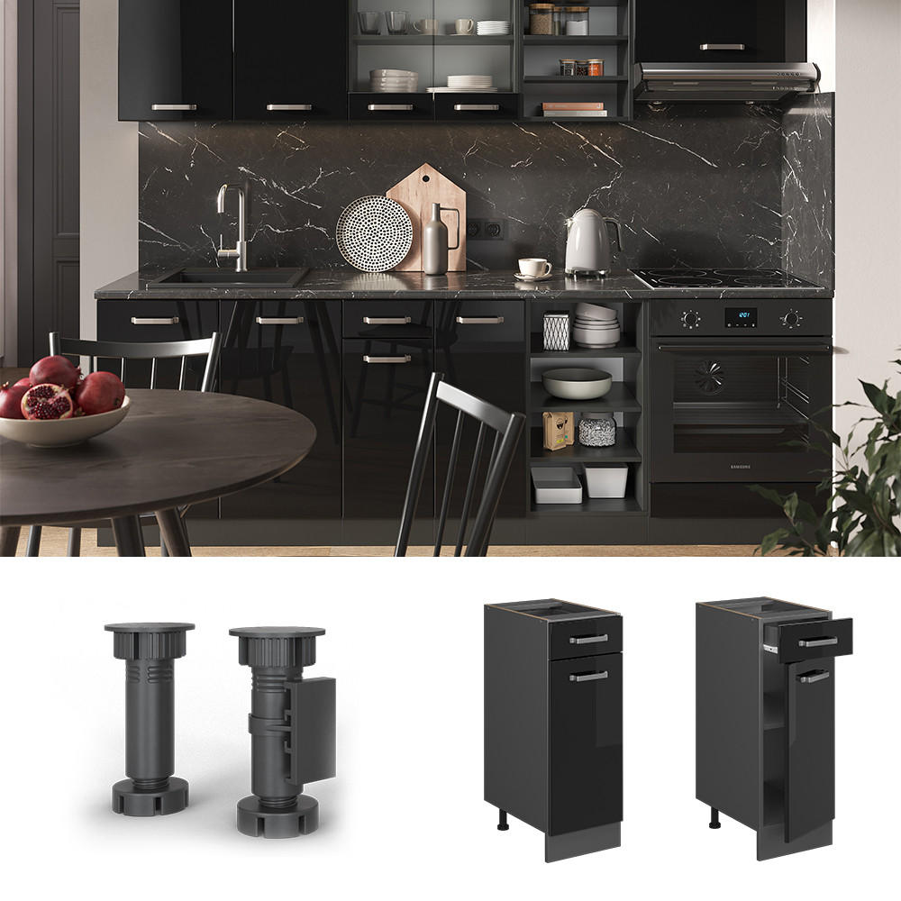 SCHUBLADENSCHRANK R-Line Schwarz Hochglanz 30 cm AP Marmor - Schwarz Hochglanz/Anthrazit, Holzwerkstoff (30/81.6/60cm) - Vicco