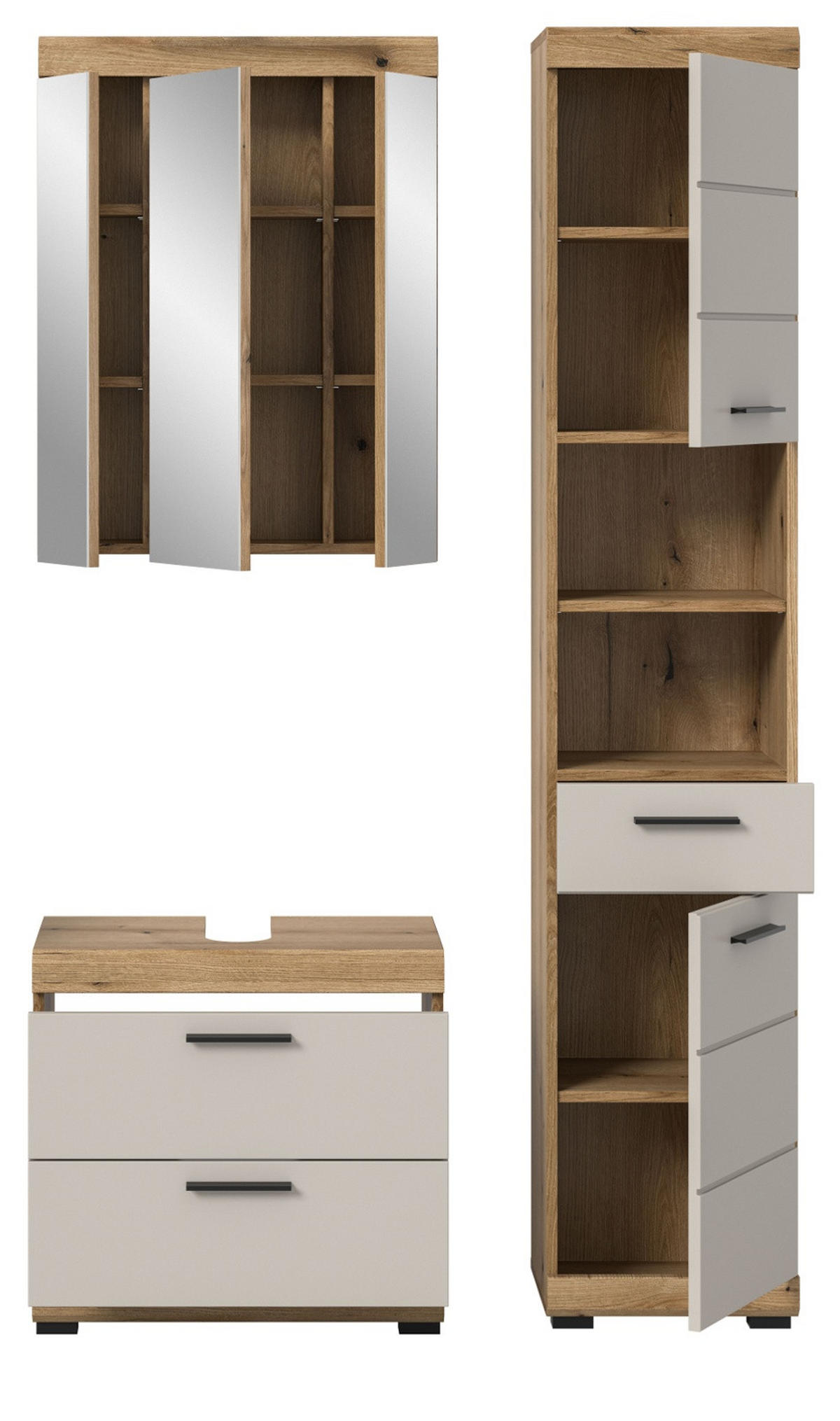 BADMÖBEL Set 3-teilig in Sand Kaschmir und Evoke Eiche Badkombination 112 x 191 cm Shawn - Kaschmir/Eichefarben, Glas/Holzwerkstoff (112/191/34cm) - Inn.Furn