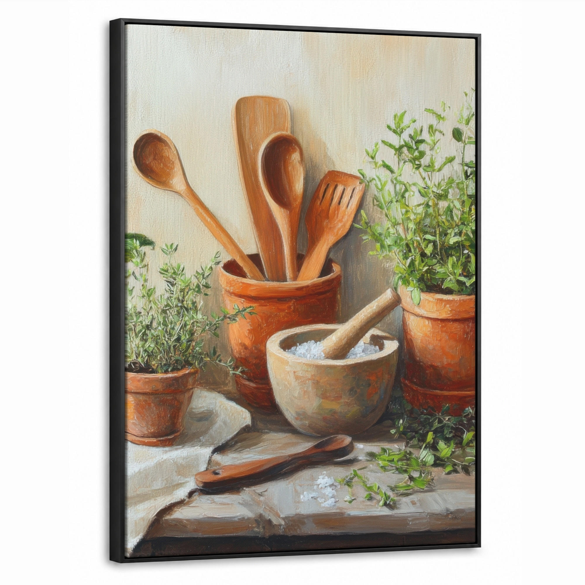 LEINWAND Bilder mit Rahmen - Töpfe - Kräuter - Holz - 70x100 - Terracotta, Textil (70/100cm) - MuchoWow