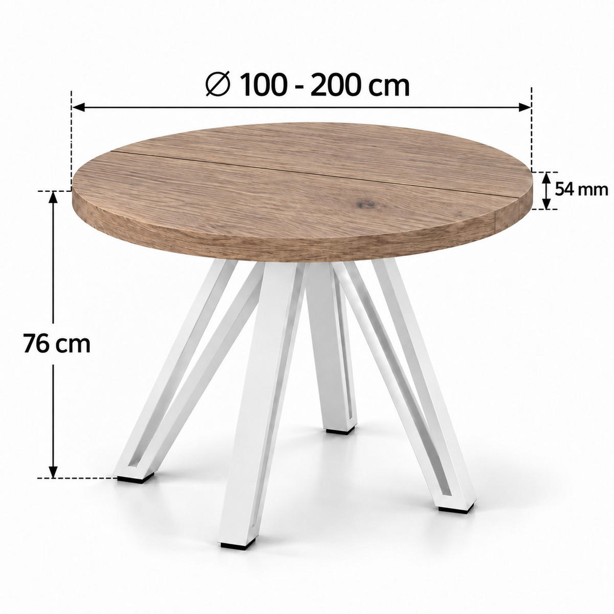 ESSTISCH rund ausziehbar 100/200/76 cm, Graubraun Eiche Halifax Egger, 54 cm Tischplatte + Industrial Metallgestell Weiß - Eichefarben/Graubraun, Holzwerkstoff/Metall (100/200/76cm) - Damale Möbel