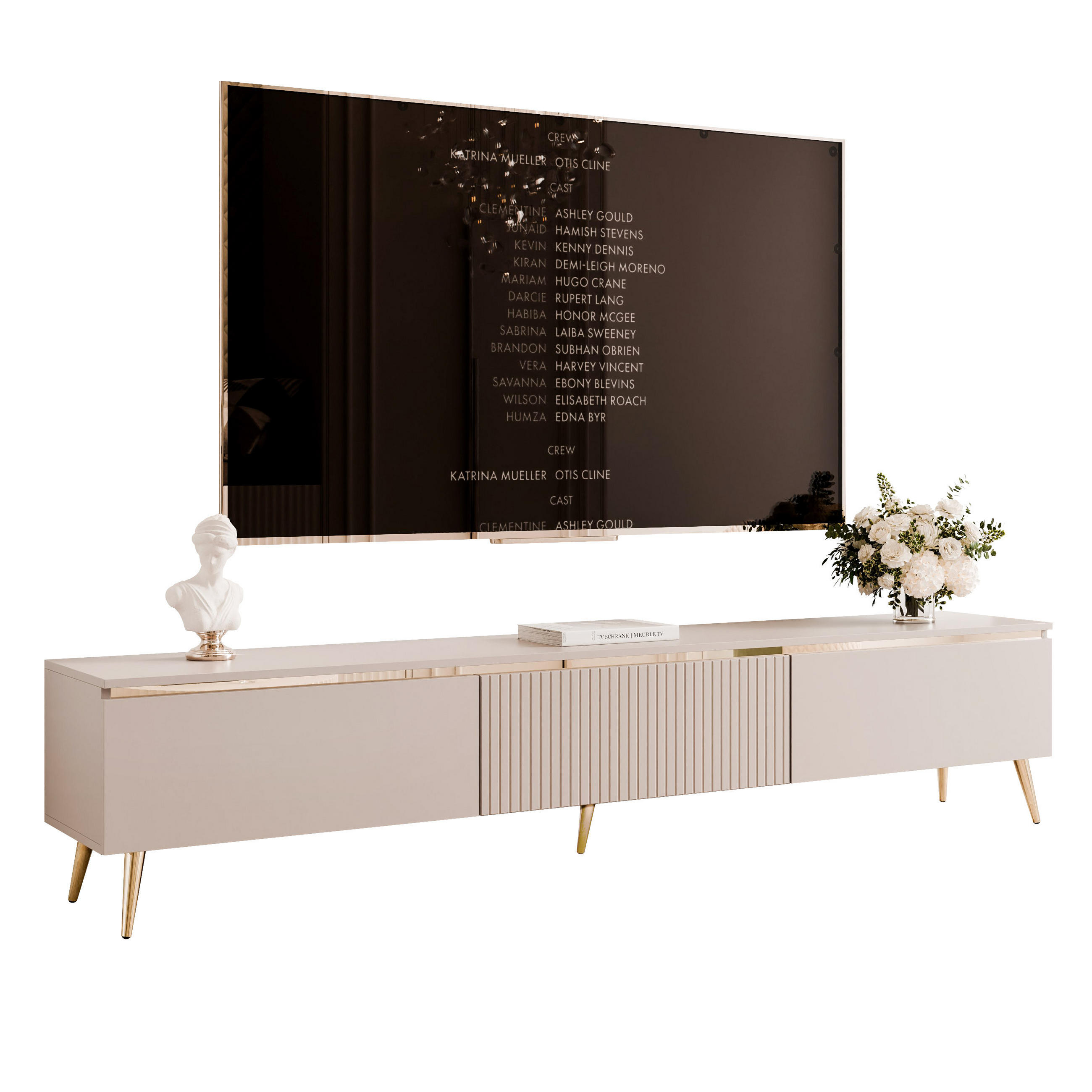 GERIFFELTER TV-Schrank SELIA 200 cm auf Füßen, Kaschmir mit goldener Zierleiste und LED-Beleuchtung - Kaschmir, Holzwerkstoff (200/42/35cm) - Idohome