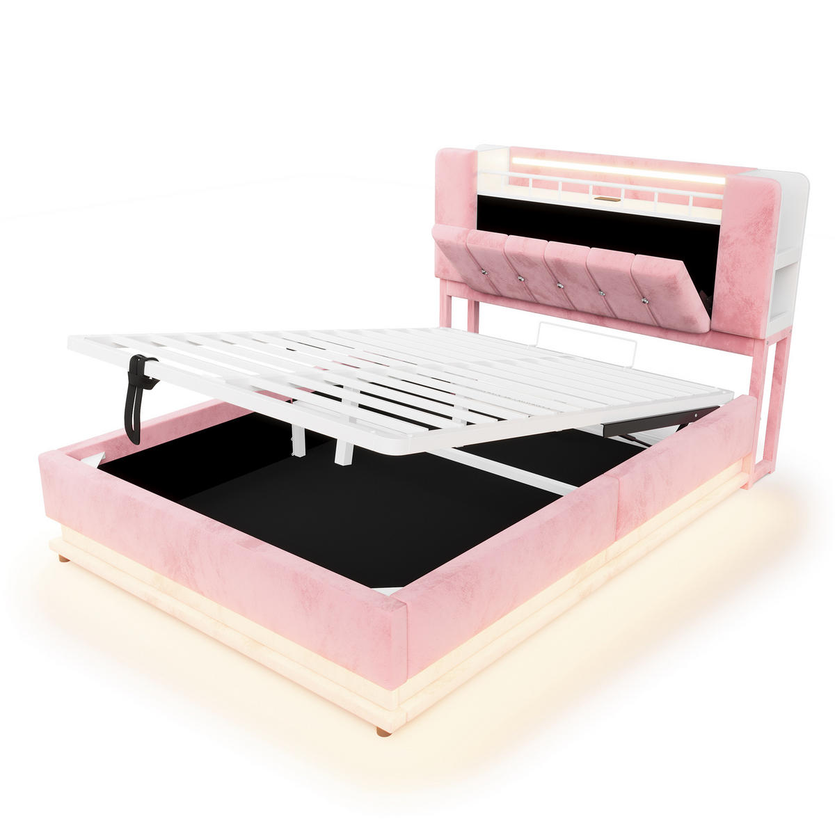 STAURAUMBETT 140/200 cm mit LED und Stauraum, DE-02116, in Beige - Pink, Metall (140/200cm) - ComfortXL