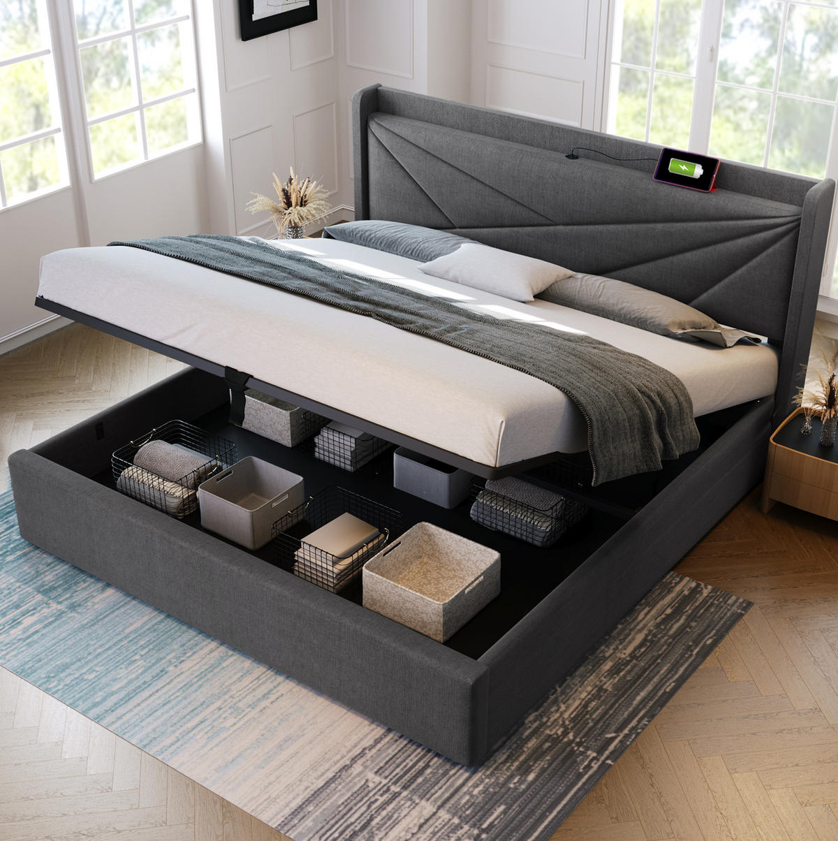 POLSTERBETT aus Baumwollleinen 140x200 cm in Grau mit USB-C & Bettkasten - Grau, Textil (140/200cm) - Modfu