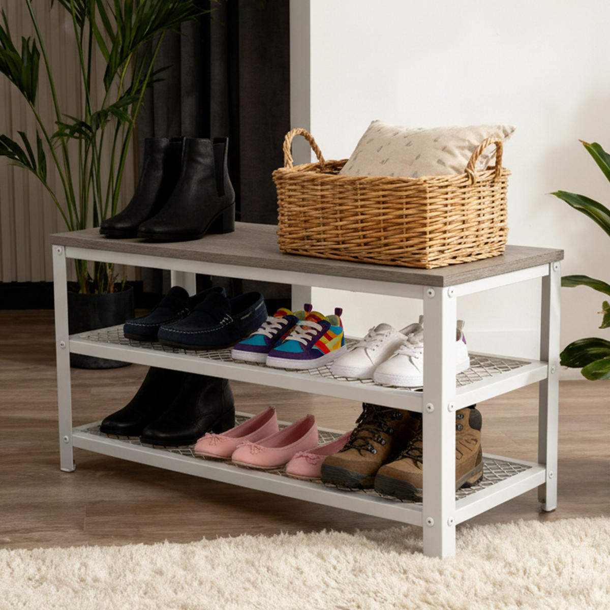 SCHUHBANK Weiß Grau mit Sitzfläche 2-Schuhablagen - Weiß, Holzwerkstoff/Kunststoff (73/45/30cm) - Relaxdays