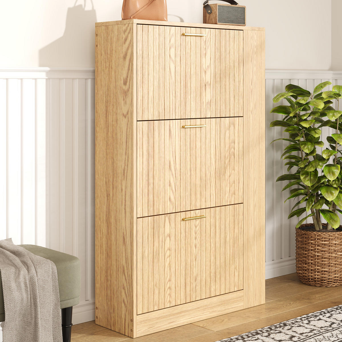 SCHUHSCHRANK 3 Türen Holz Stauraum Offene Regale Minimalistisch - Naturfarben, Holzwerkstoff (23.5/115/70cm) - FLIEKS