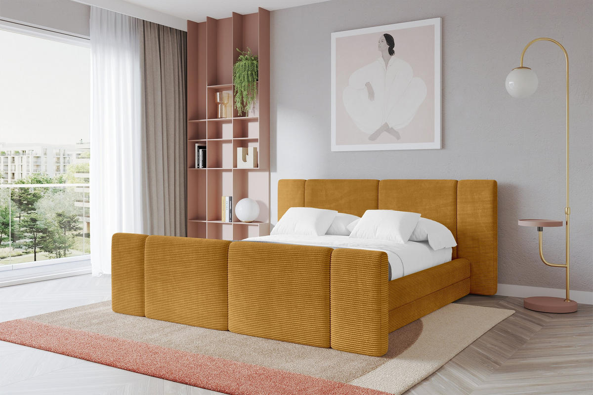 POLSTERBETT mit Bettkasten, Fußteil und Lattenrost, Boxbett ohne Matratze - TEVO-Z 160x200 Senfgelb - Gelb, Holzwerkstoff/Textil (160/200cm) - ALTDECOR