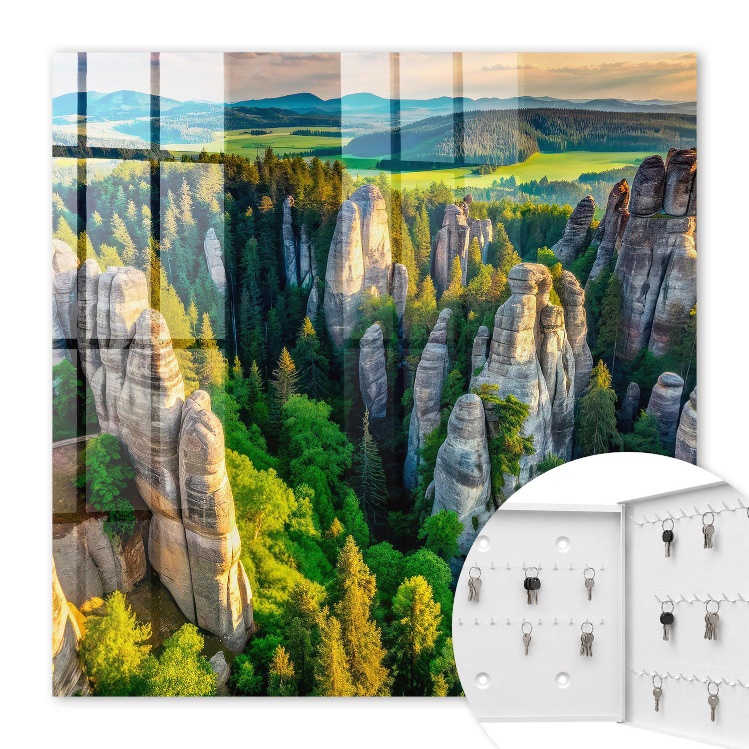 SCHLÜSSELBOX Weiß 30x30 cm – Türöffnung nach rechts - Felsen und Wald - Grün, Metall (30/30/5cm) - TULUP