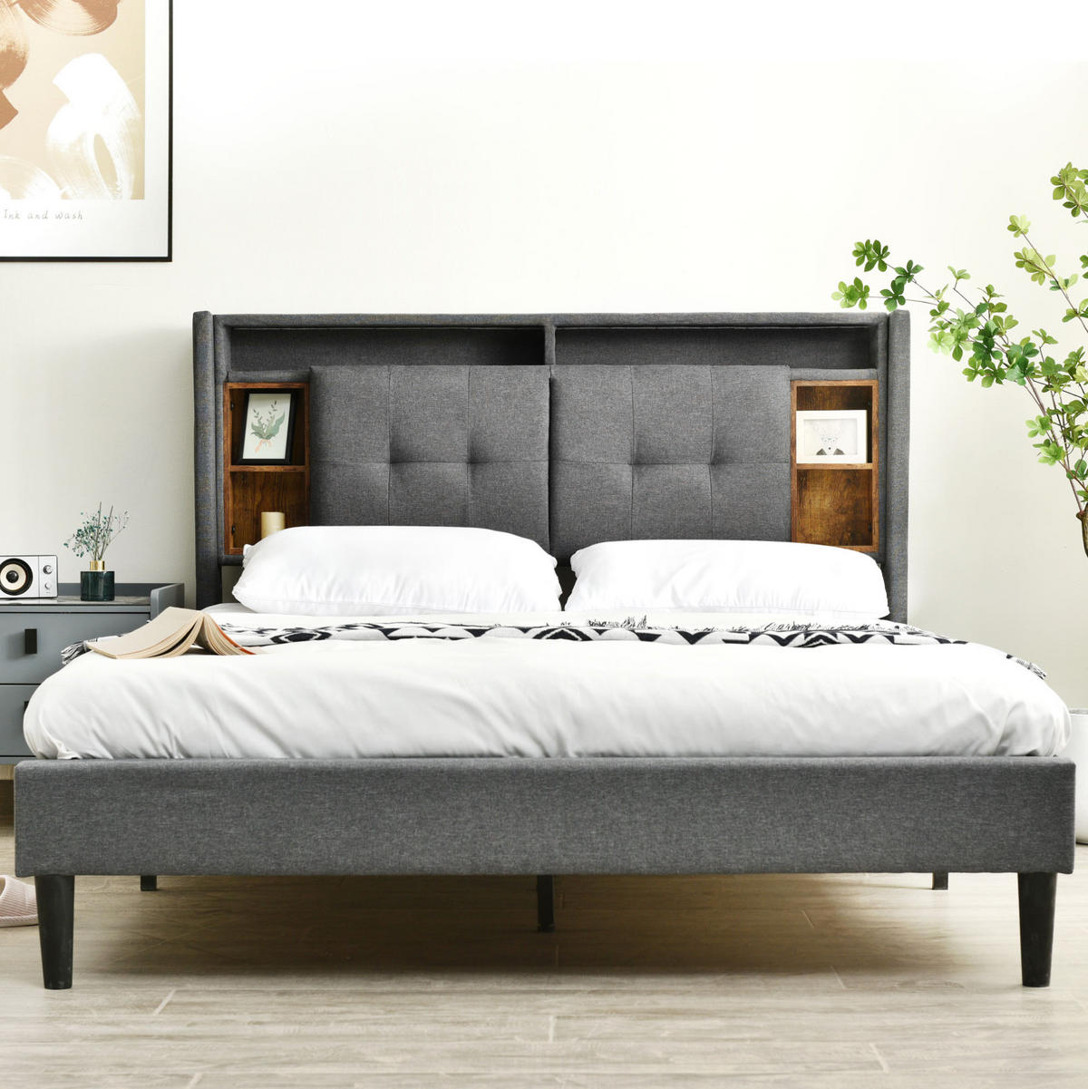 ČALÚNENÁ posteľ z masívneho dreva, ľanu a kovu 140x200 cm sivá s USB, LED a úložným čelom, s matracom - sivá, drevo (140/200cm) - Modfu
