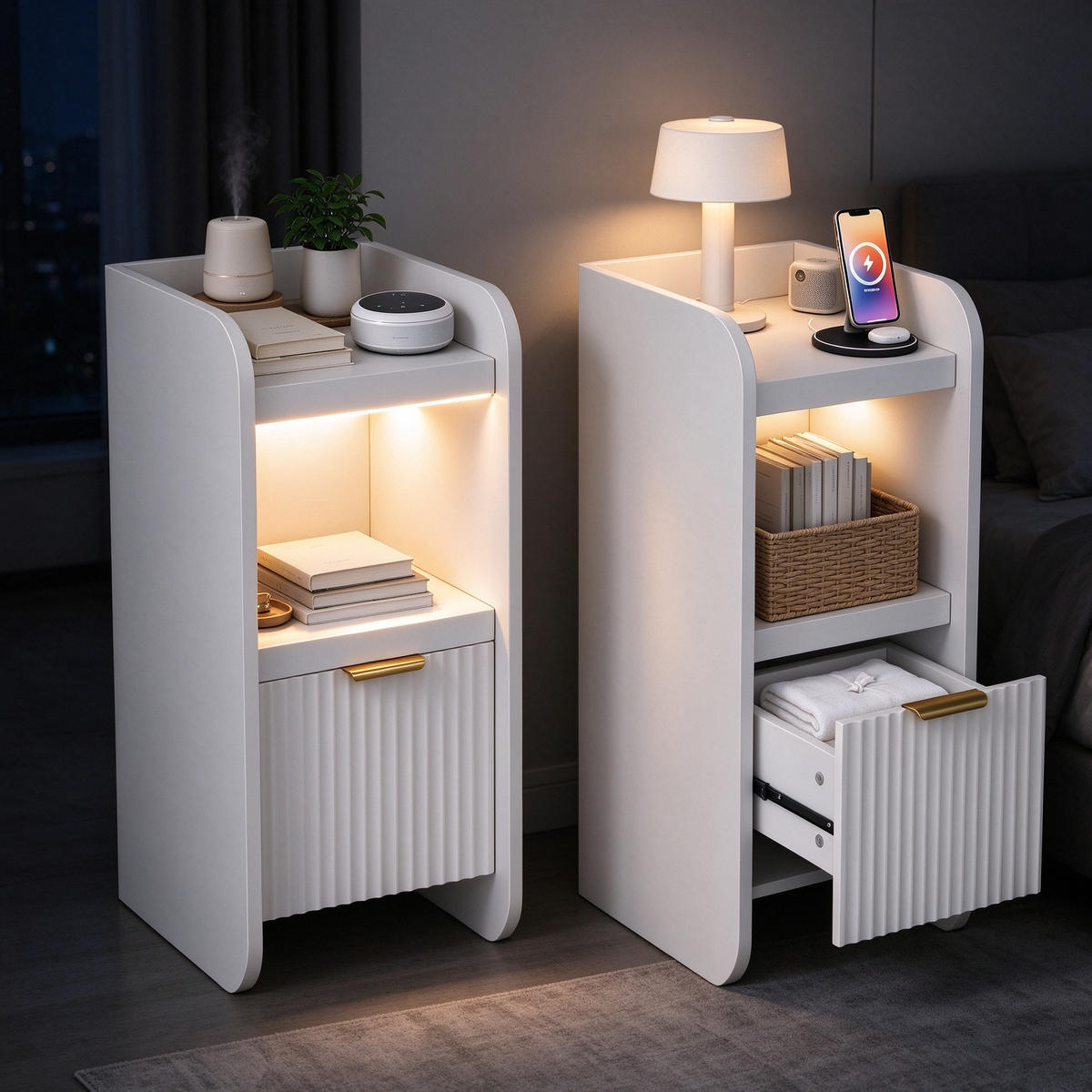NACHTTISCH 2er Set mit LED-Beleuchtung & Ladestation, Bettseitentisch mit 1 Schubladen, in Weiß, 25/30/60 cm - Goldfarben/Weiß, Holz/Metall (30/60/25cm) - BPKADHY