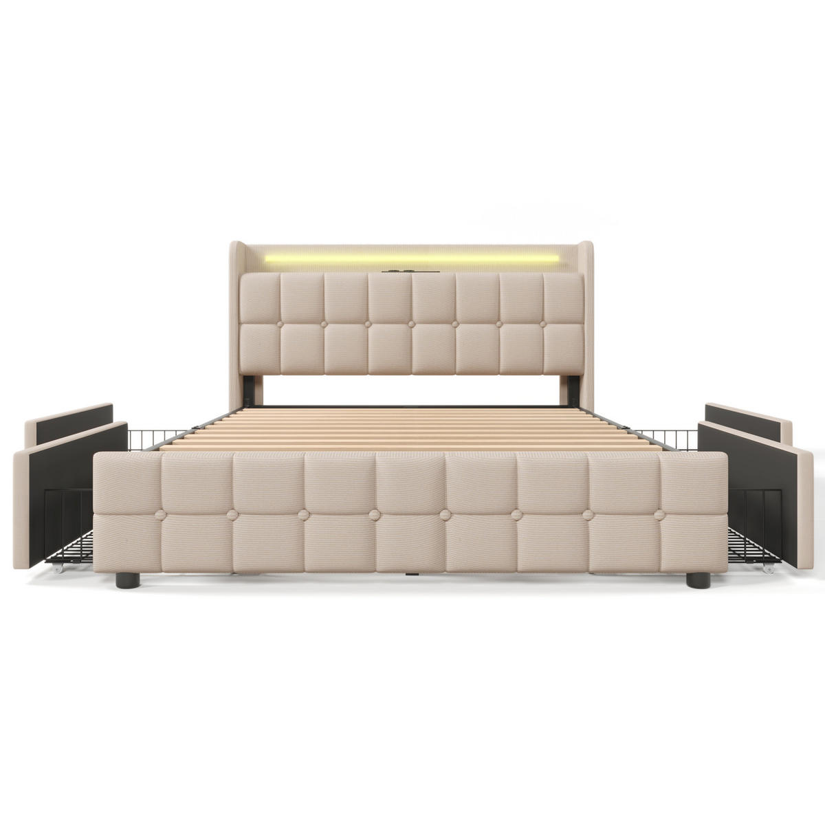 ČALOUNĚNÁ postel 140/200 cm béžová z dřeva s USB, zásuvkami, LED a 4 šuplíky - béžová, kompozitní dřevo (140/200cm) - OKWISH