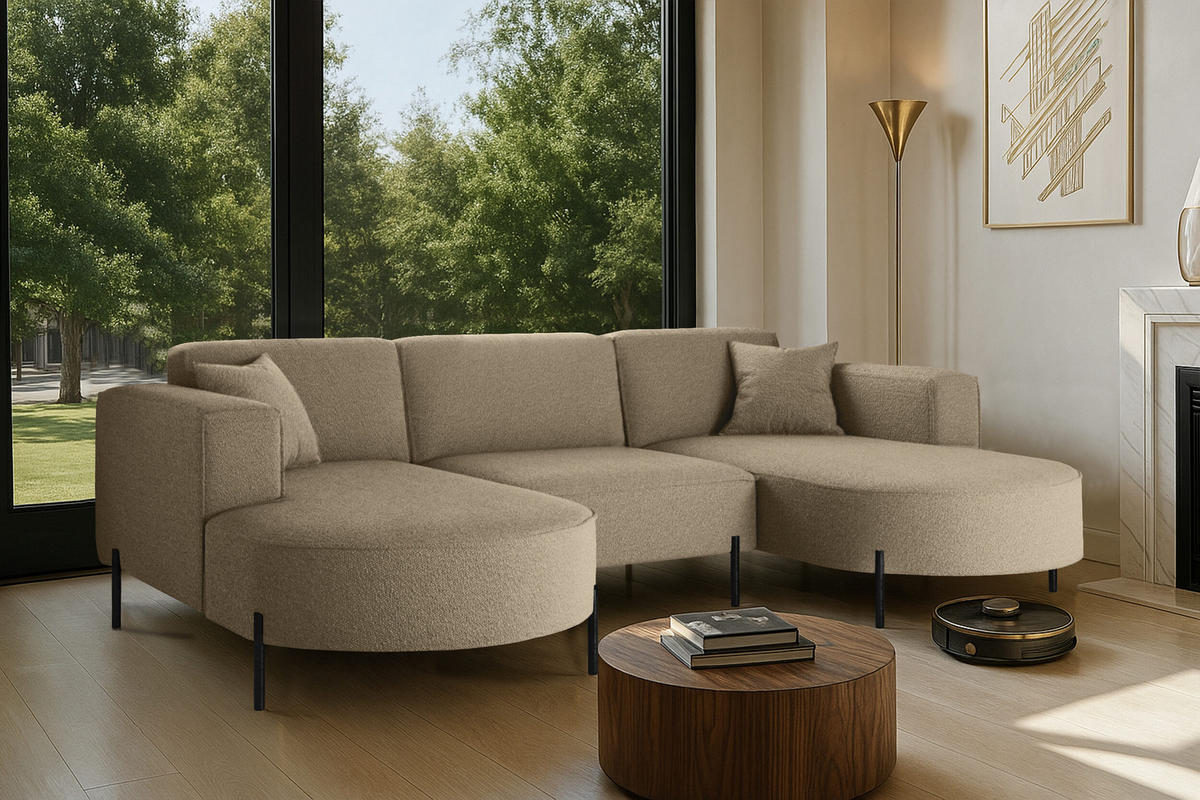 ECKSOFA Designer Modena U Rein stoff Quelle Hellbraun - Hellbraun, Holz (165/299cm) - Kaiser Möbel