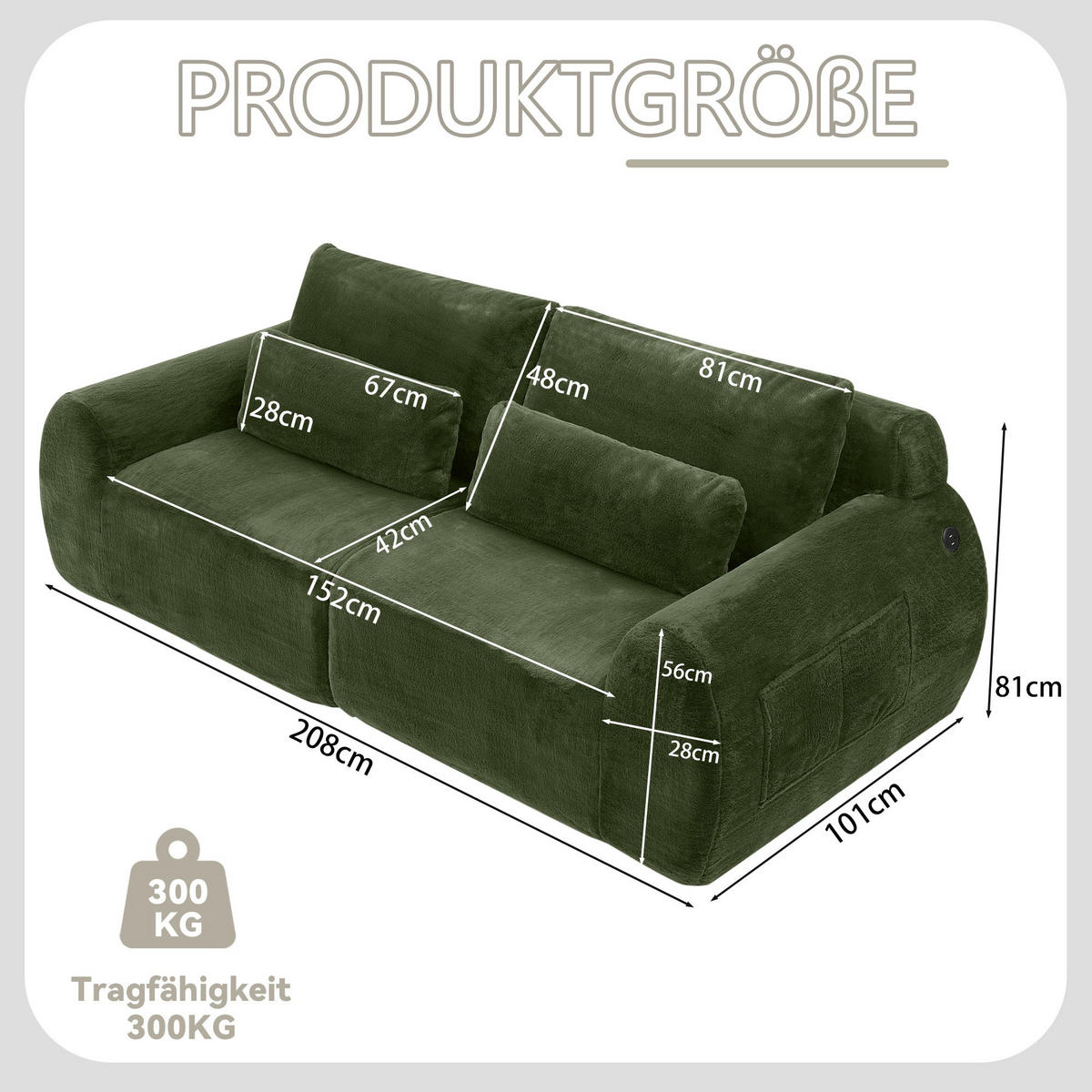 2MÍSTNÁ POHOVKA v zelené barvě z umělé kožešiny s USB portem a kapsou na časopisy - zelená barva, textil (101/81/208cm) - Urban Meuble