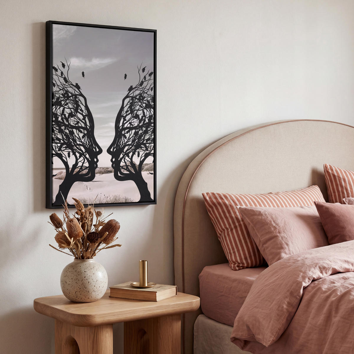 LEINWAND Bilder mit Rahmen - Strand - Meer - Menschen - Baum - Moderne Kunst - 40x60 - Hellgrau, Textil (40/60cm) - MuchoWow