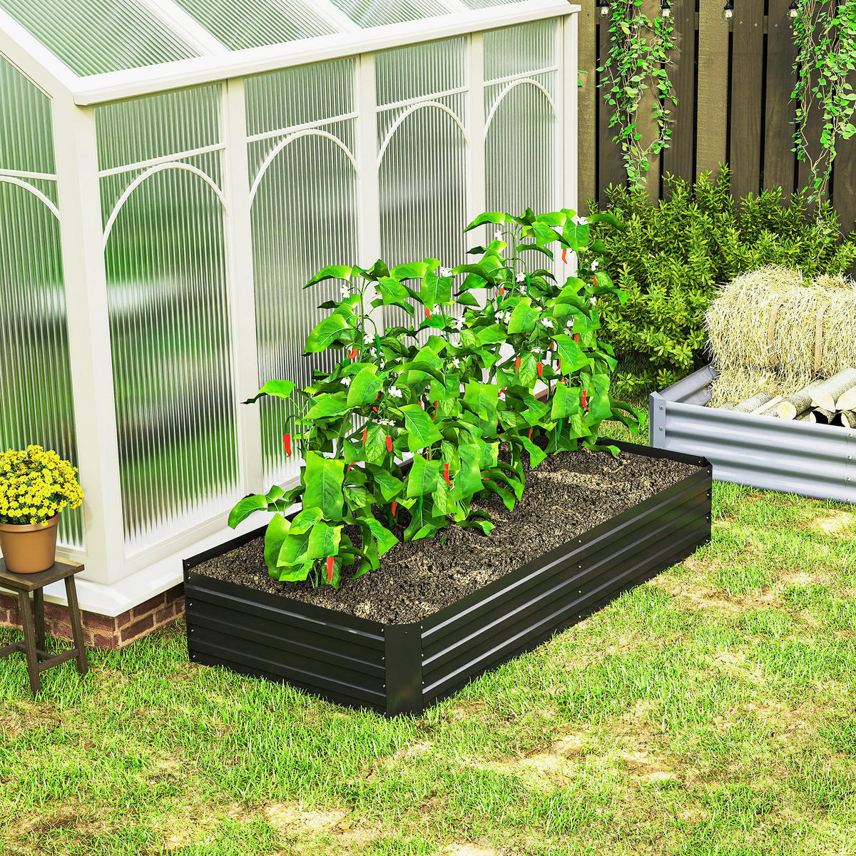 HOCHBEET DE-12234 rechteckig 180/90/29,5 cm mit Rankhilfe Anthrazit - Schwarz, Metall (180/29.5/90cm) - ComfortXL