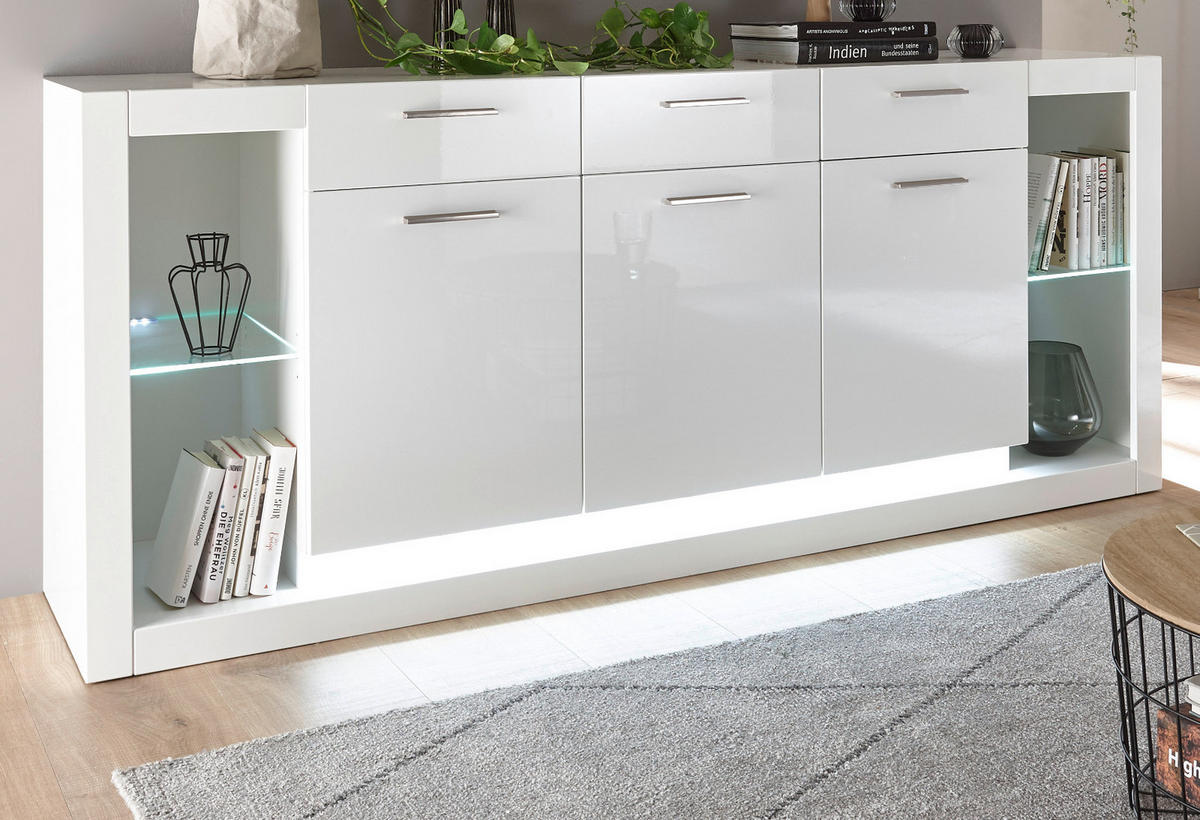 SIDEBOARD weiß Hochglanz 200 cm, große Anrichte mit viel Stauraum - Weiß Hochglanz/Silberfarben, Glas/Holzwerkstoff (198/83/43cm) - Furn.Design