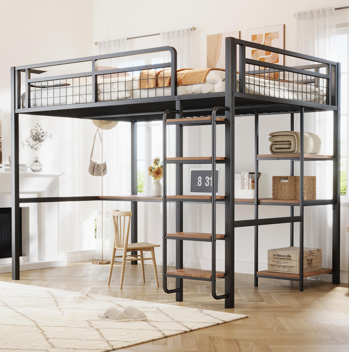 HOCHBETT aus Metall und MDF 140x200 cm Schwarz mit Tisch, Regalen und Sicherheitsleiter - Schwarz, Metall (140/200cm) - IVMEU