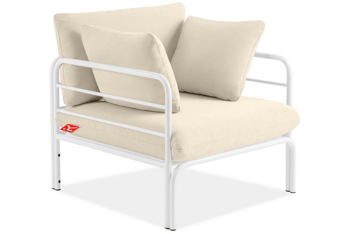 GARTENMÖBELSET RAMBE 4-tlg. 1x Tisch 2x Sessel 1x Sofa 3-Sitzer, mit Auflage, Stahlrahmen, LOFT-STIL, Weiß/Cremeweiß - Creme/Weiß, Textil/Metall - KONSIMO®