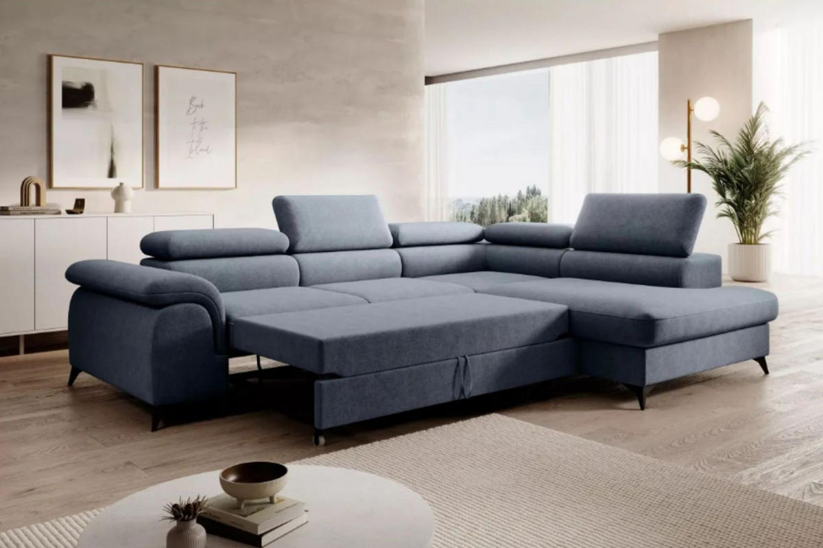 ECKSOFA PLAZA L Rechts mit Schlaffunktion 125x195 Velours Blaugrau - Blaugrau/Schwarz, Holz/Kunststoff (275/205cm) - Muffo