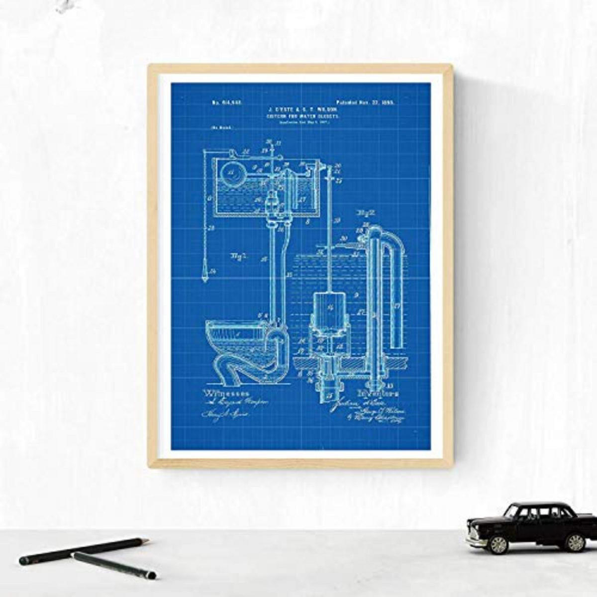 POSTER Set mit 4 BLAU Badezimmer Patent A4 Schwarzer Rahmen - Schwarz, Papier (29.7/3cm) - Nacnic