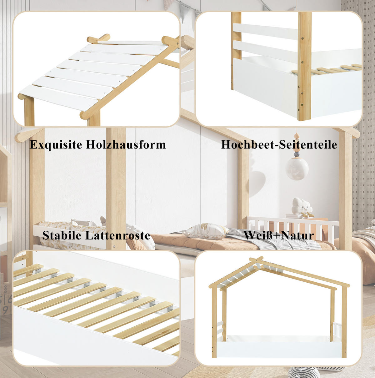 KINDERBETT 90/190 cm in Hausform aus Kiefer/MDF – Weiß/Natur - Weiß, Holz (90/200cm) - BEAOK