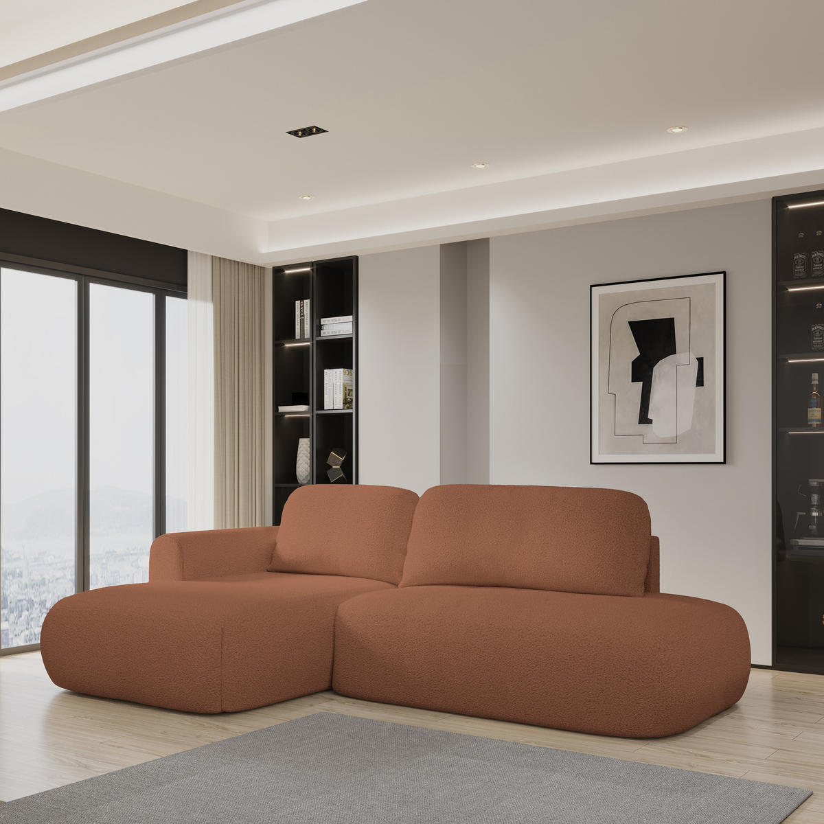 ECKSOFA NUVIRA L-S Kupferfarben Boucle-Stoff mit Schlaffunktion - Kupferfarben, Holz (274/165cm) - MASSENO