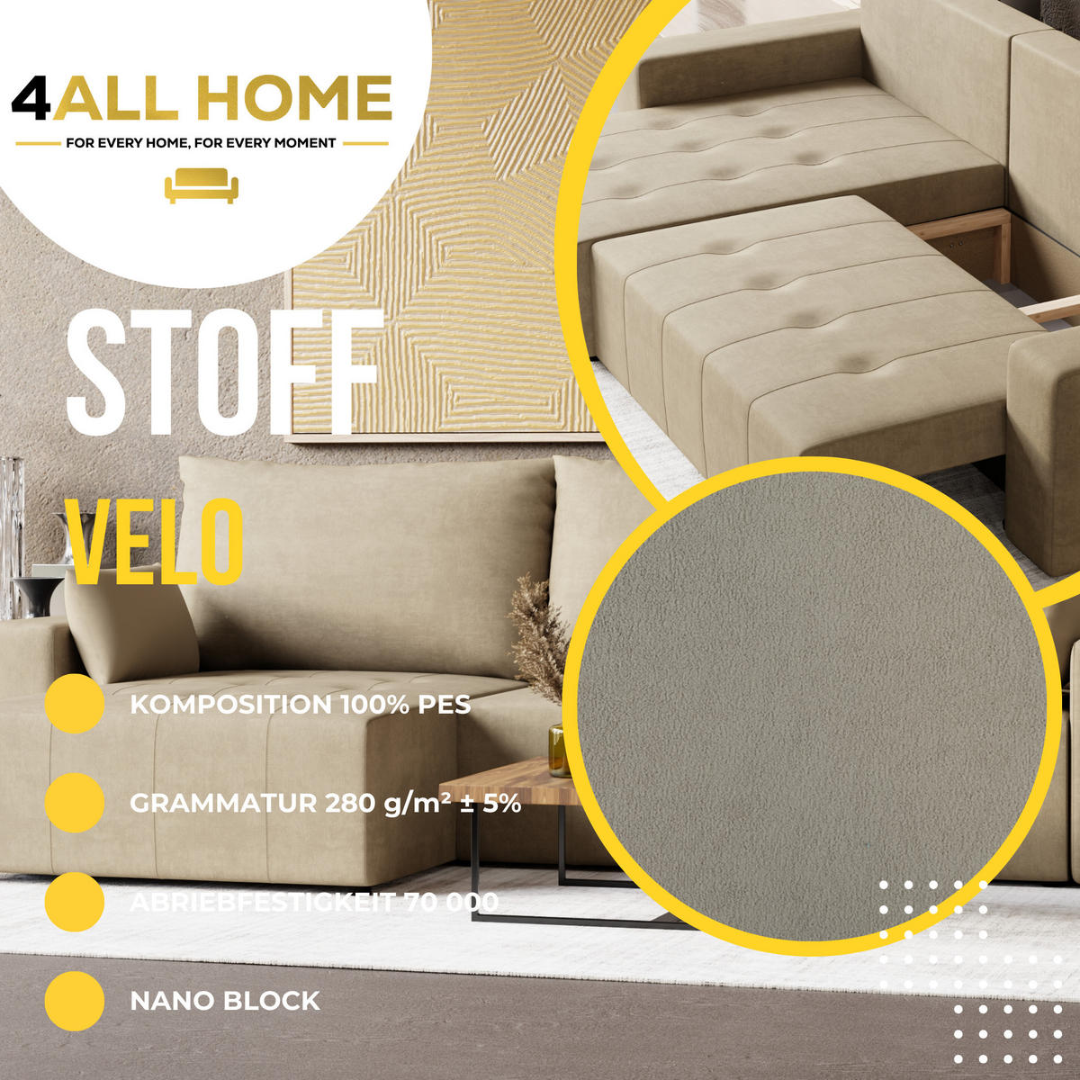 ECKSOFA Tico mit Bettkasten und Schlaffunktion, L-Form/XL-Form, Velourstoff, Universal - Cappuccino, Holzwerkstoff (276/145cm) - 4ALL HOME